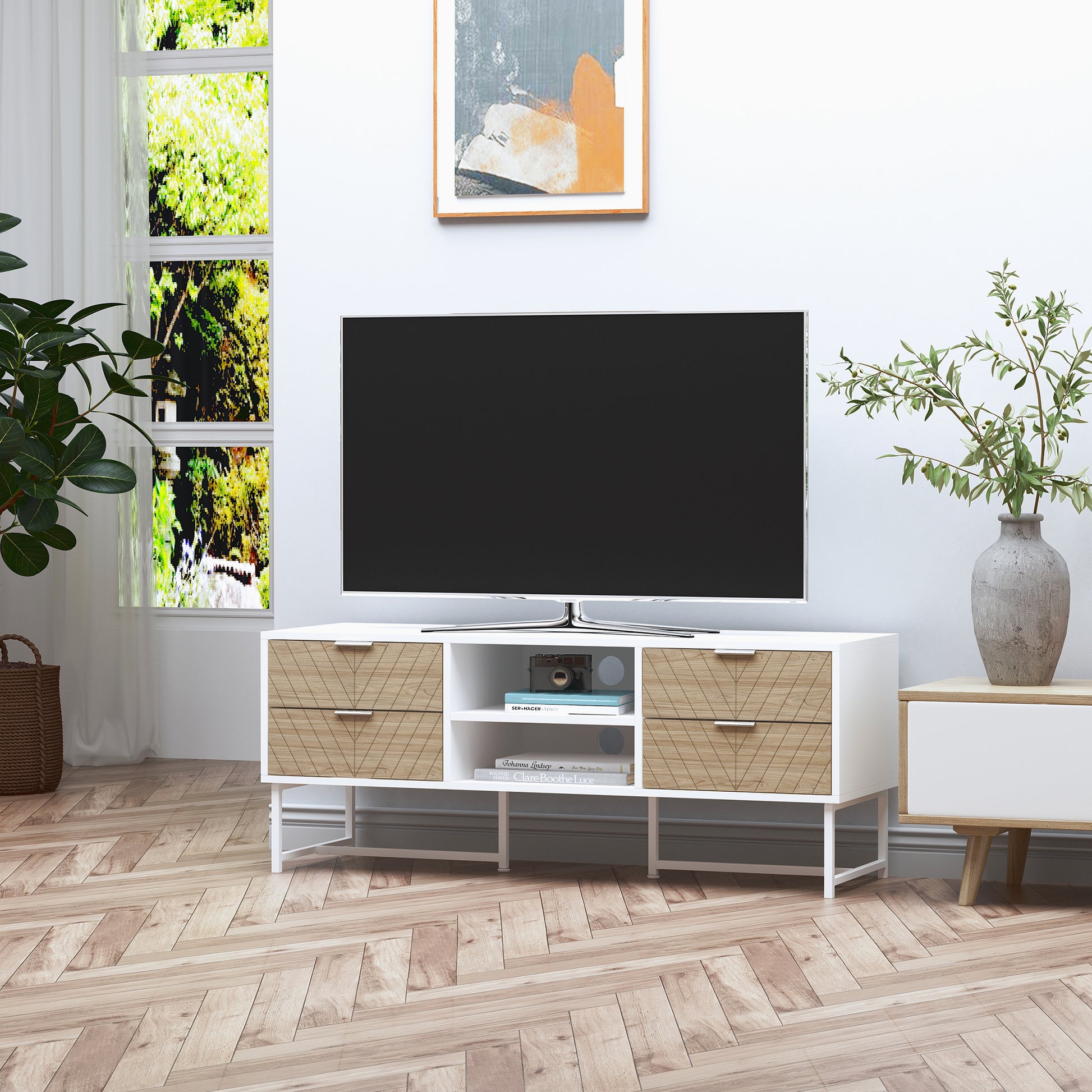 Modern TV Stand for TVs up to 60 inches, Media Console Table with Open Storage Shelves and Drawers for Living Room, Bedroom, White TV Stands   at Gallery Canada