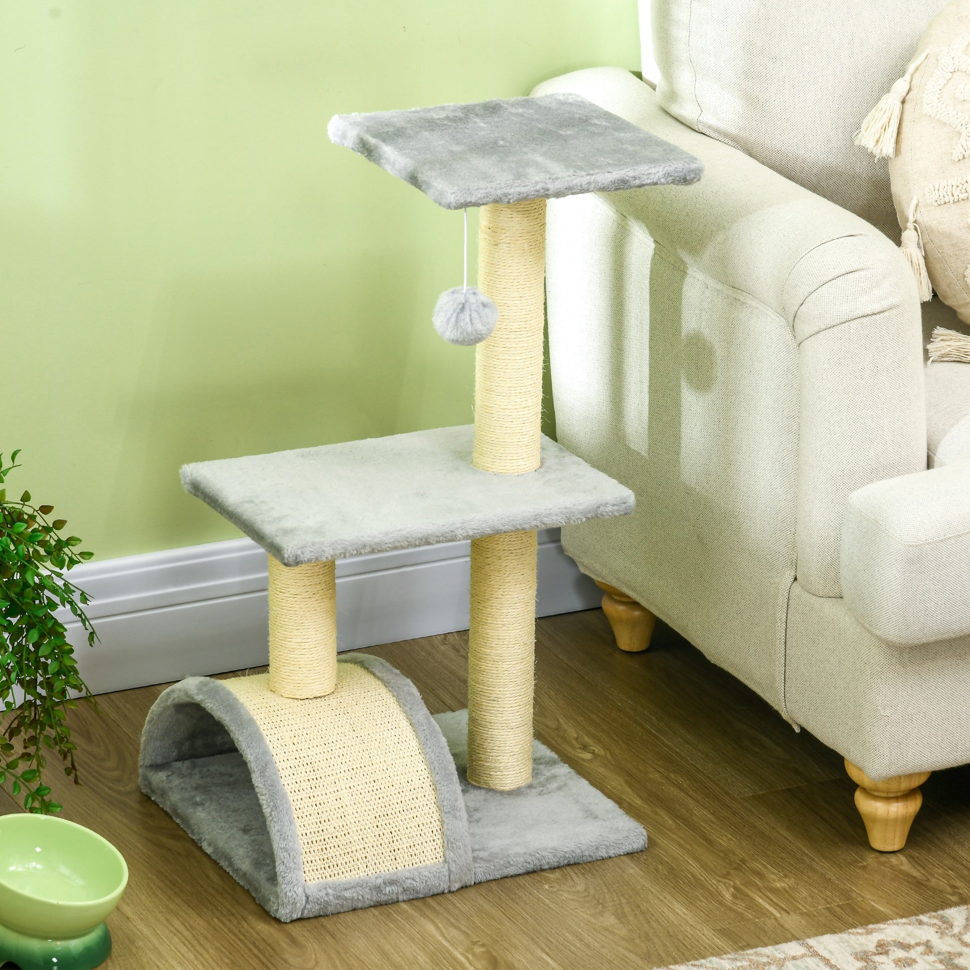 28" Cat Tree with Scratching Post, Pad, Toy Ball for Indoor Cats, Light Grey Cat Posts   at Gallery Canada