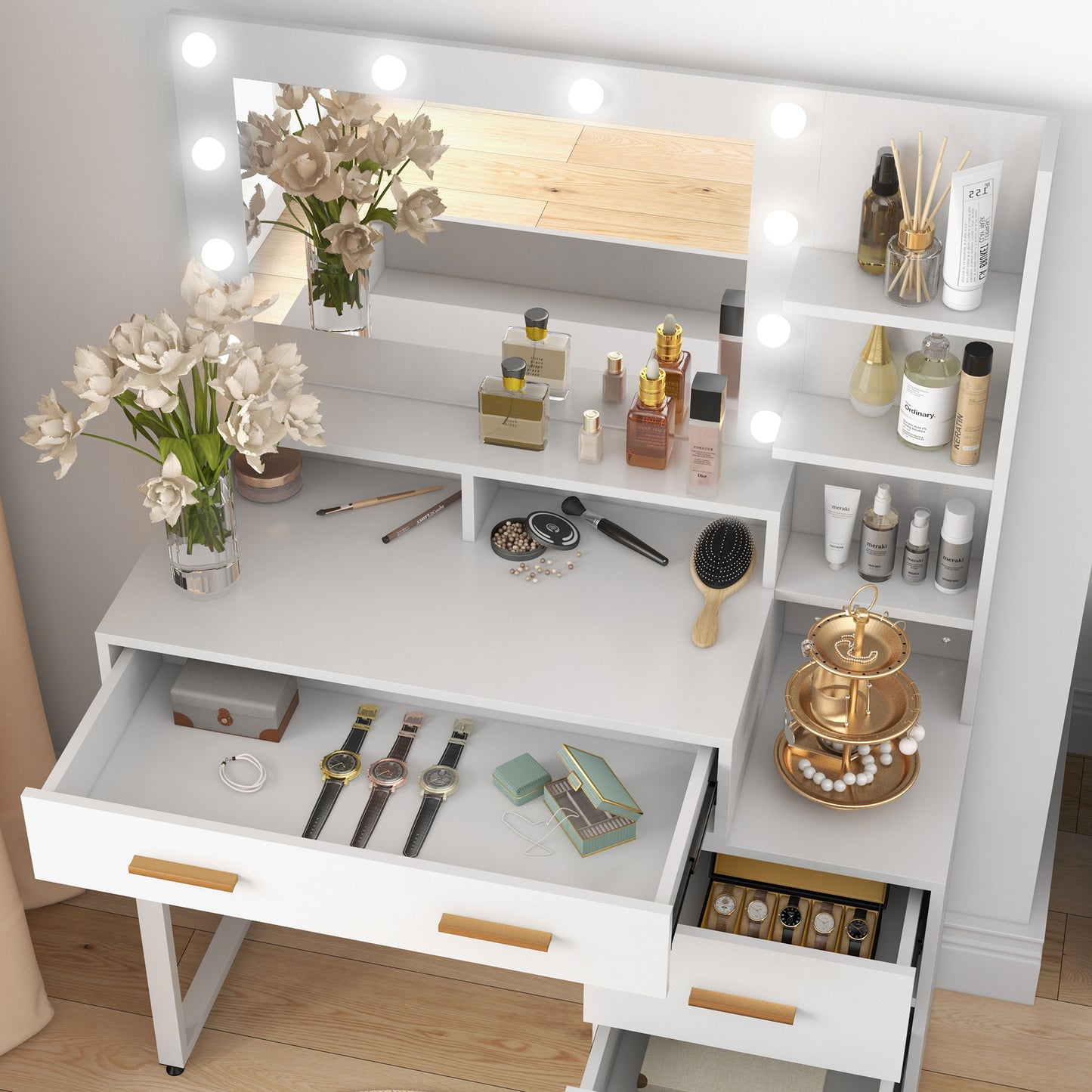 Illuminated Dresssing Table, LED Vanity Table with Mirror, Drawer and Storage Shelves for Bedroom, White Dressing & Vanity Tables   at Gallery Canada