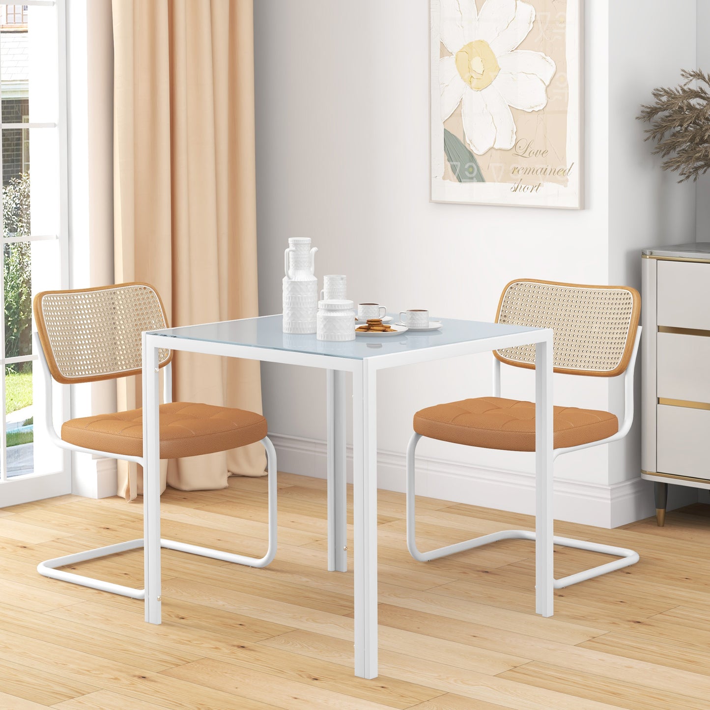 Square Kitchen Table for 2-4 People, Dining Table with Glass Top and Steel Legs for Dining Room, White Dining Tables   at Gallery Canada