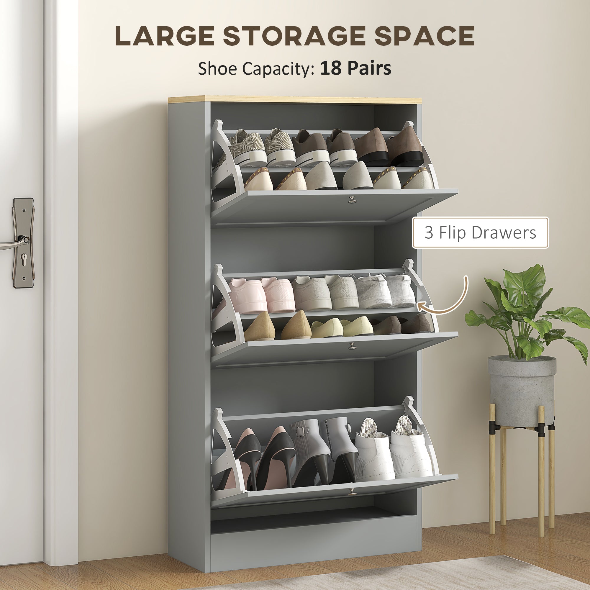 Modern Shoe Storage with 3 Flip Drawers and Adjustable Shelves, Shoe Cabinet Organizer for 18 Pairs of Shoes, Grey Shoe Storage Cabinets & Racks   at Gallery Canada