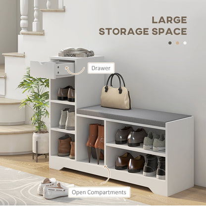 Upholstered Shoe Storage Bench, Shoe Storage with Seat, Entrance Bench with Drawer and 6 Open Shelves for Hallway Shoe Storage Cabinets & Racks   at Gallery Canada