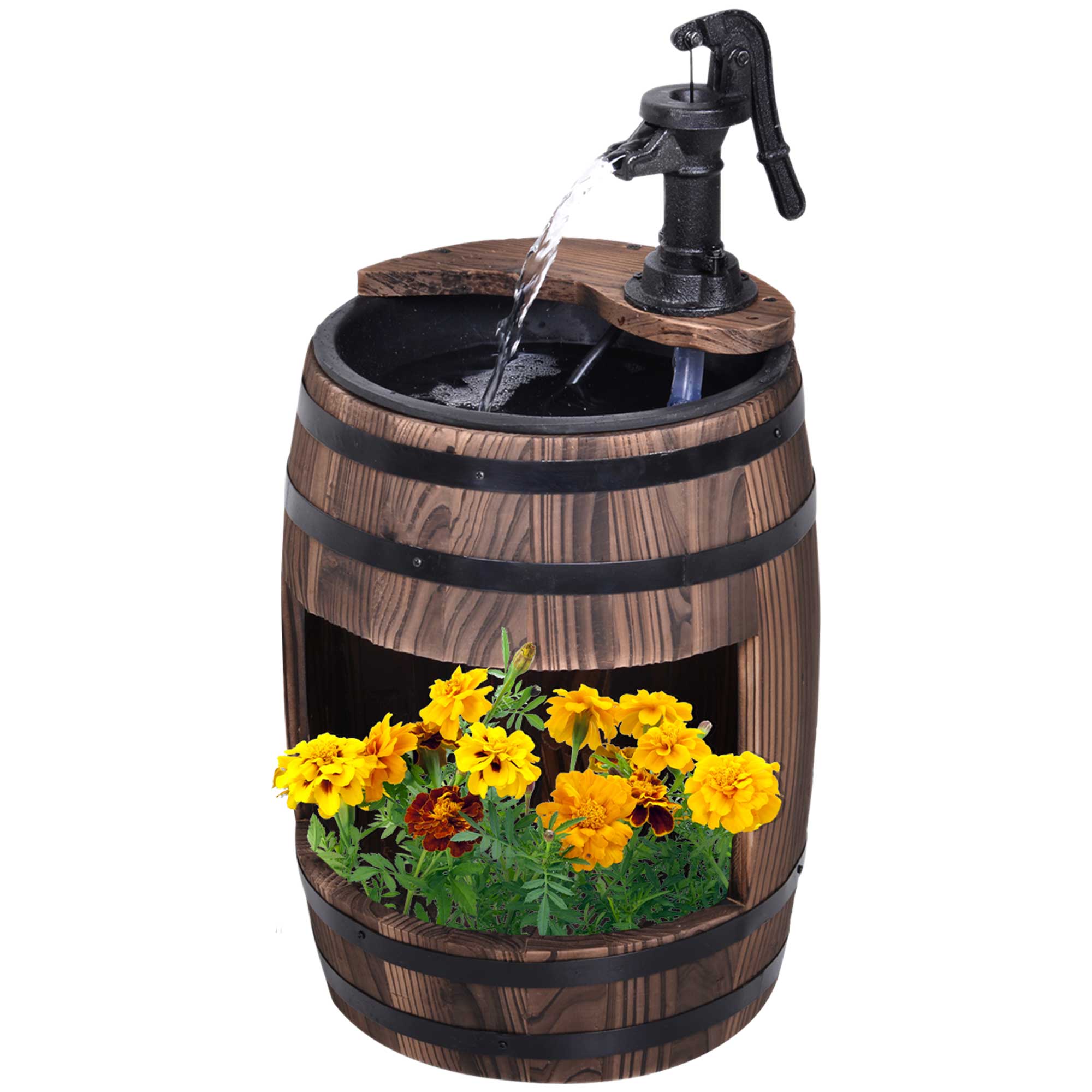 Wooden Outdoor Fountain, Electrical Barrel Waterfall with 3600r/min Speed Pump for Patio, Backyard, Carbonized Water Fountains at Gallery Canada