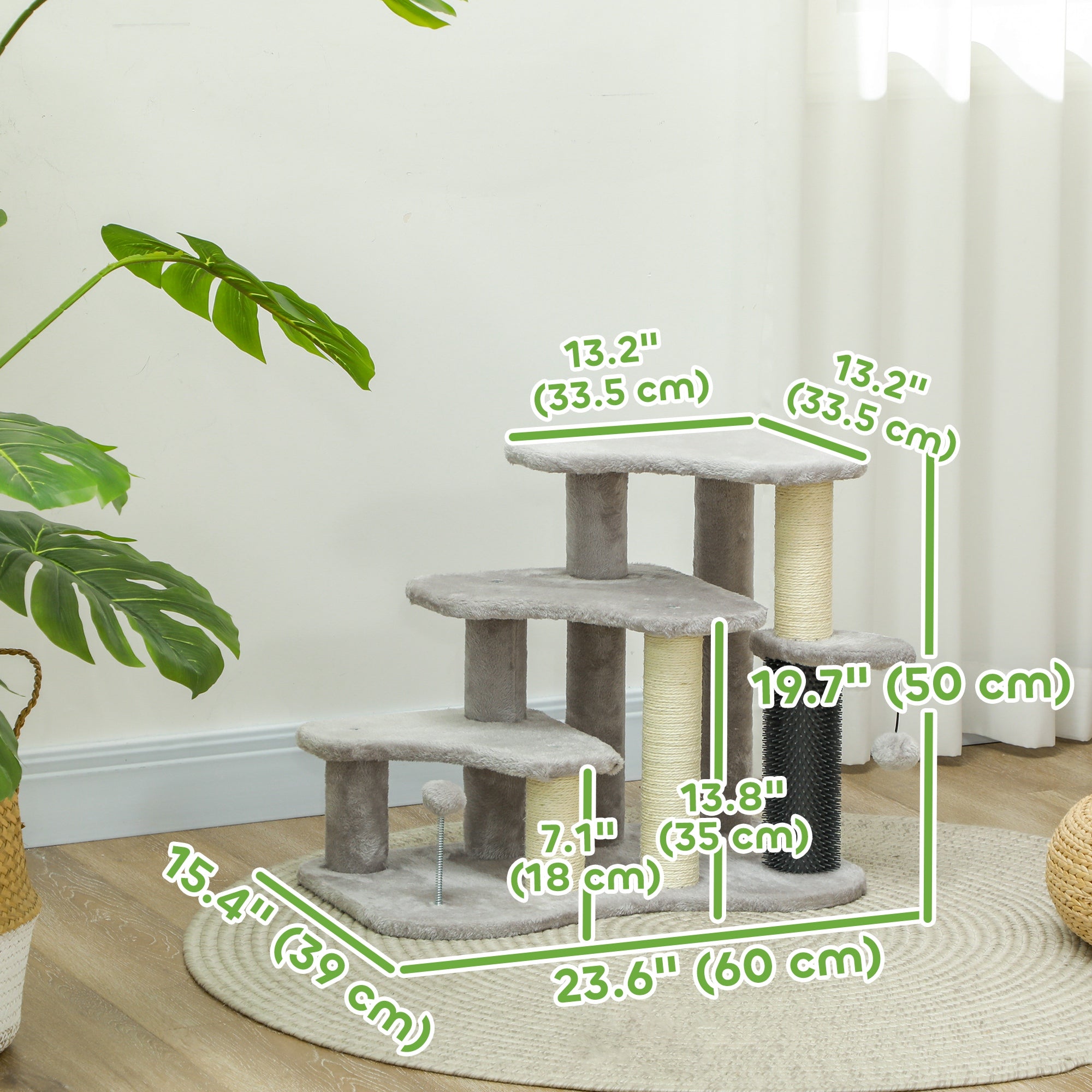 2 in 1 Cat Tree 3 Steps Pet Stairs with Scratching Posts, Tickling Post, Toy Balls, for Bed, Couch, Sofa, Light Grey Cat Stairs at Gallery Canada