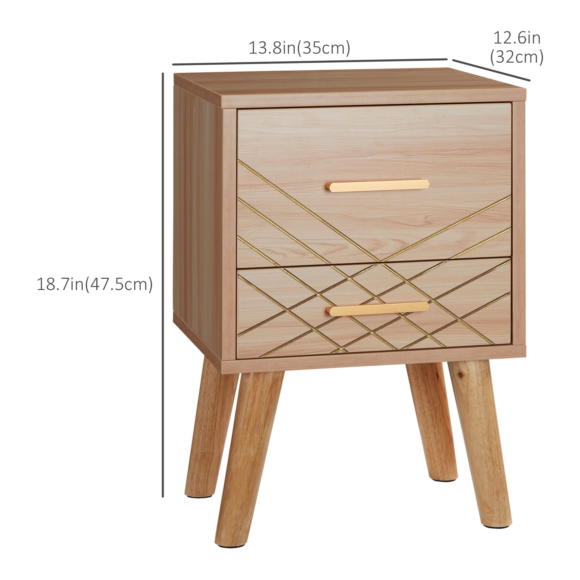 Scandinavian Bedside Table, Side End Table with 2 Drawers and Wood Legs, 13.8