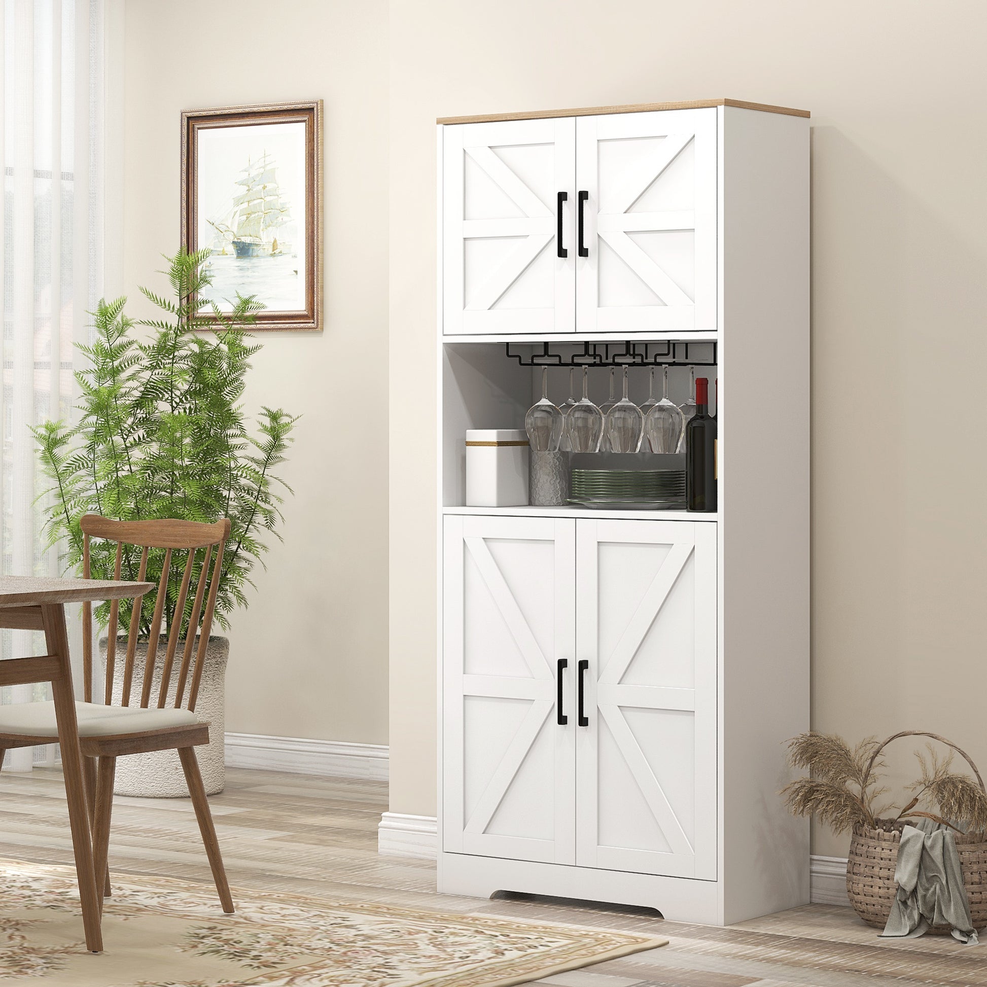 Farmhouse Kitchen Pantry, 68" Freestanding Hutch Storage Cabinet with Microwave Oven Countertop, White Kitchen Pantry Cabinets   at Gallery Canada