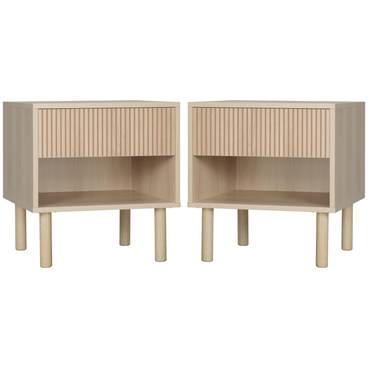 Set of 2 Bedroom Nightstands, Side Table with Storage Shelf and Drawer for Living Room, Bedroom, Natural Wood Bedside Tables   at Gallery Canada