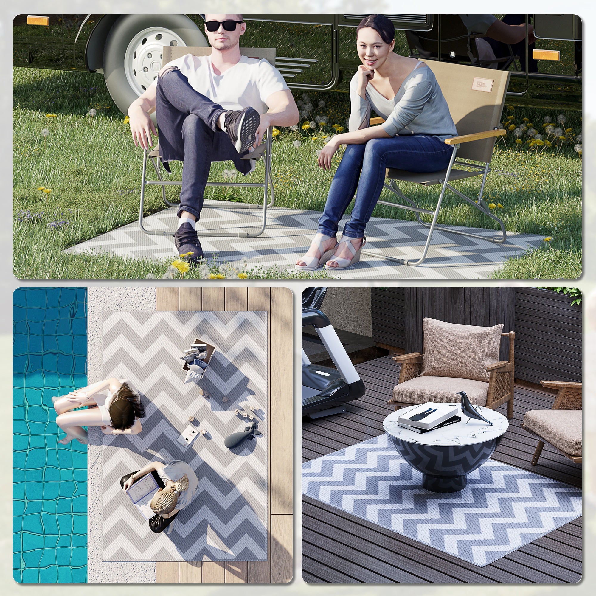 Reversible Outdoor RV Rug, Patio Floor Mat, 4' x 6' Plastic Straw Rug for Backyard, Deck, Beach, Camping, Grey &; White Garden Decor at Gallery Canada