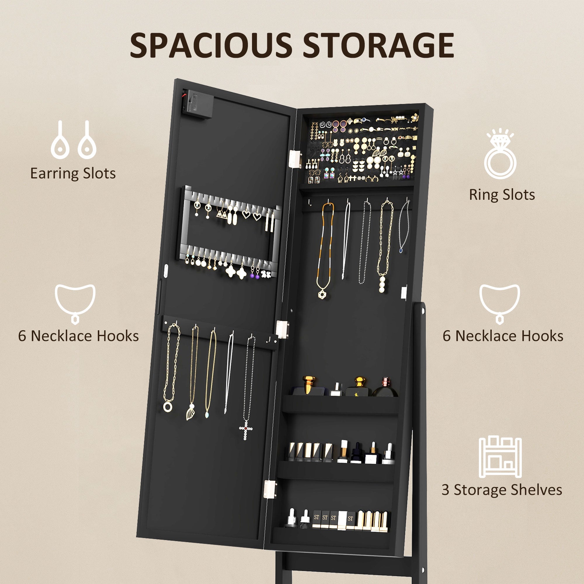 Free Standing Armoire Organizer, Lighted Mirrored Jewelry Cabinet w/ Angle Adjustable &; 16 LED Lights Black Jewelry Armoire & Jewellery Mirror Cabinets at Gallery Canada