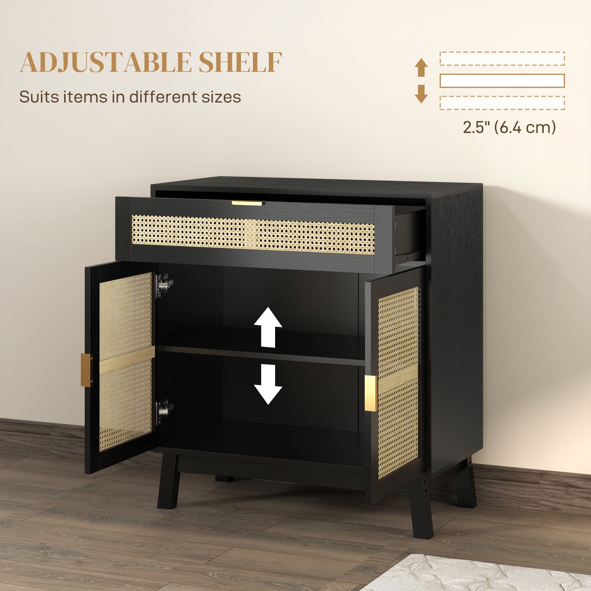 Boho Sideboard Storage Cabinet with Rattan Doors, Black Storage Cabinets at Gallery Canada