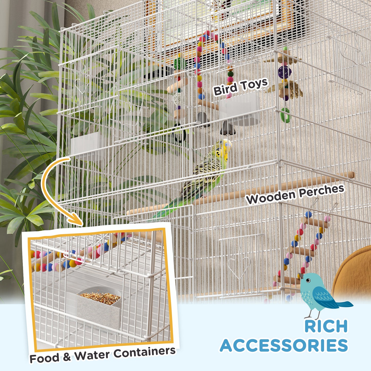 43" Bird Cage with Rolling Stand, Toys, for Budgies Canaries White Bird Cages   at Gallery Canada