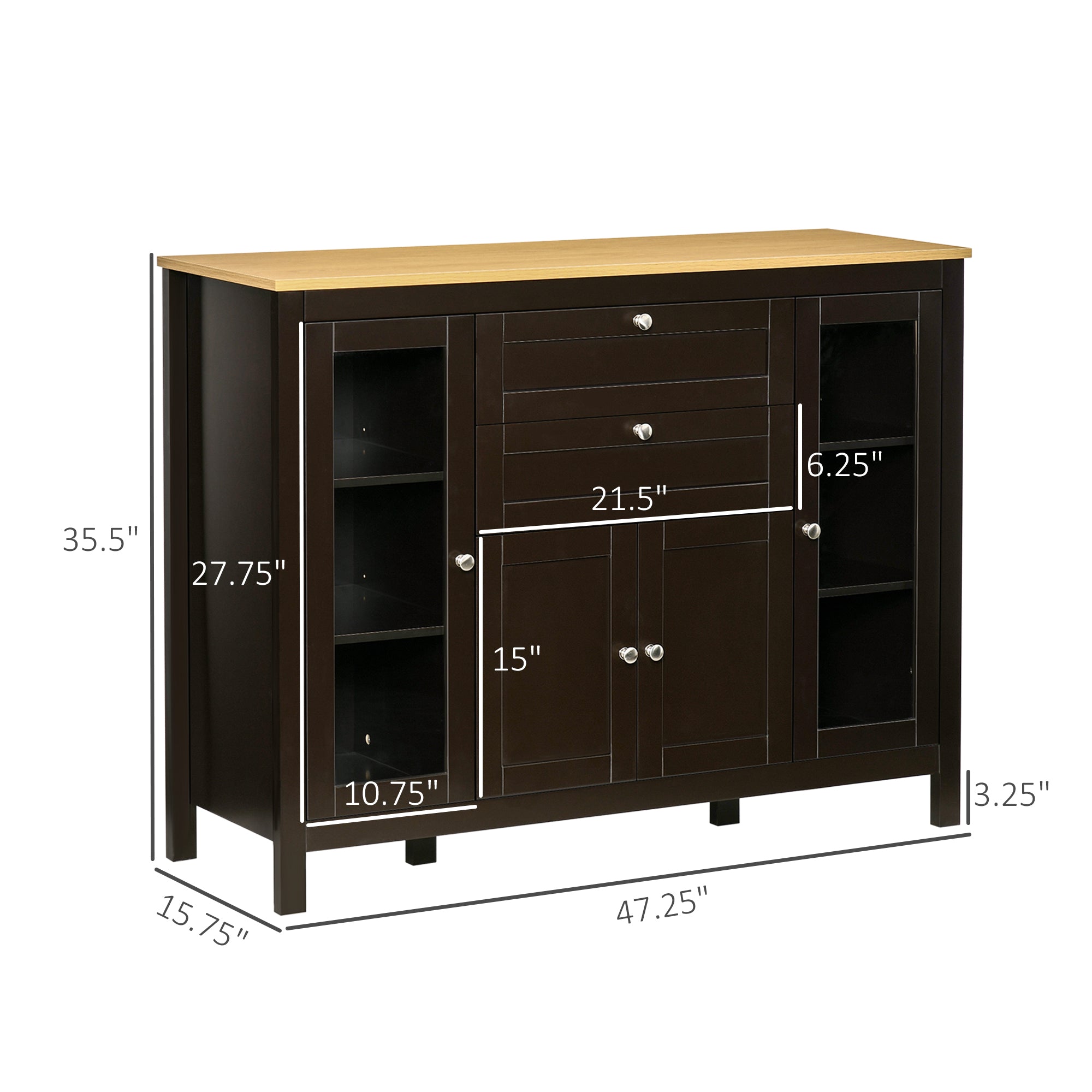 Buffet Cabinet Sideboard with 2 Drawers, 3 Storage Cabinets, Glass Doors and Adjustable Shelves, Dark Brown Bar Cabinets at Gallery Canada
