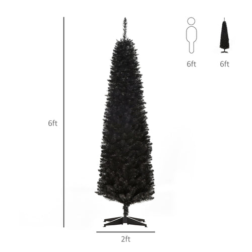 6 Pencil Christmas Tree, Slim Artificial Xmas Tree with Realistic Branches, Sturdy Metal Stand, Black