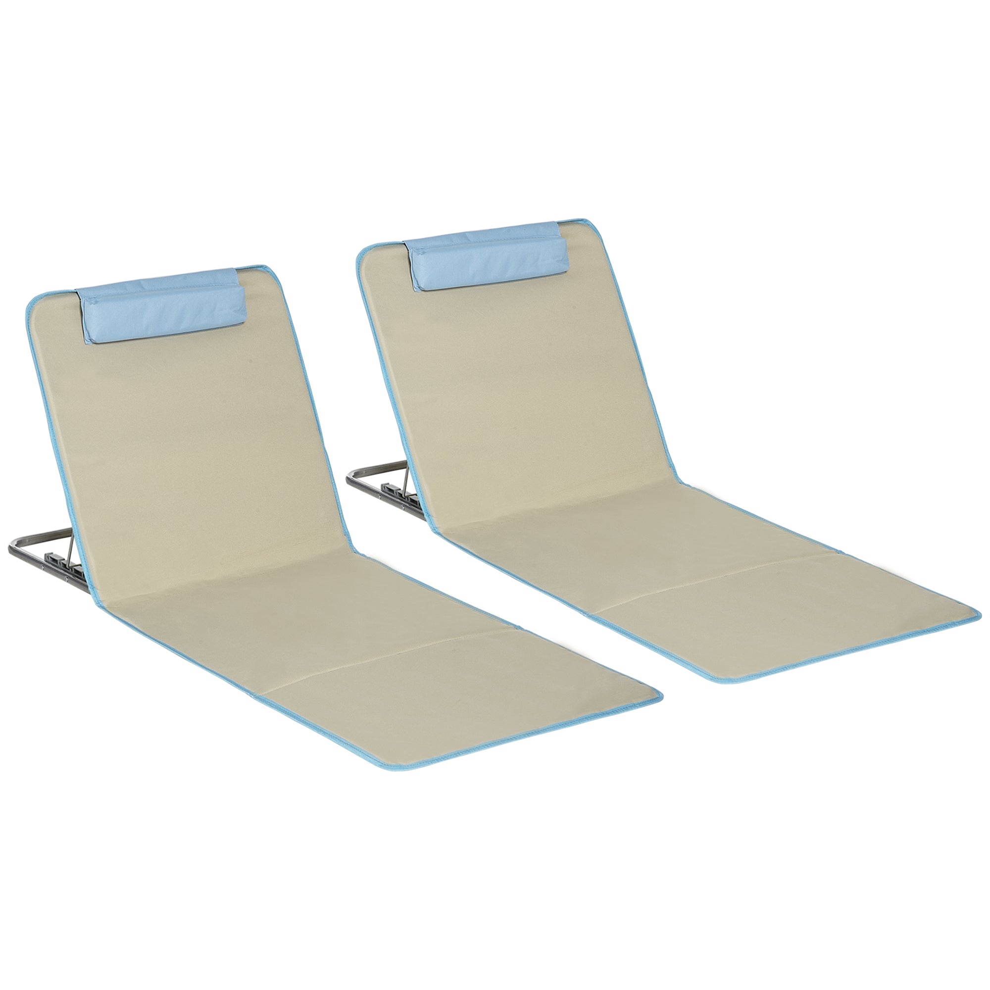 Set of 2 Beach Lounge Chair, Folding Ground Beach Mat w/ Adjustable Back, Steel Frame, Head Pillow and Carry Bag, Beige Beach Accessories at Gallery Canada