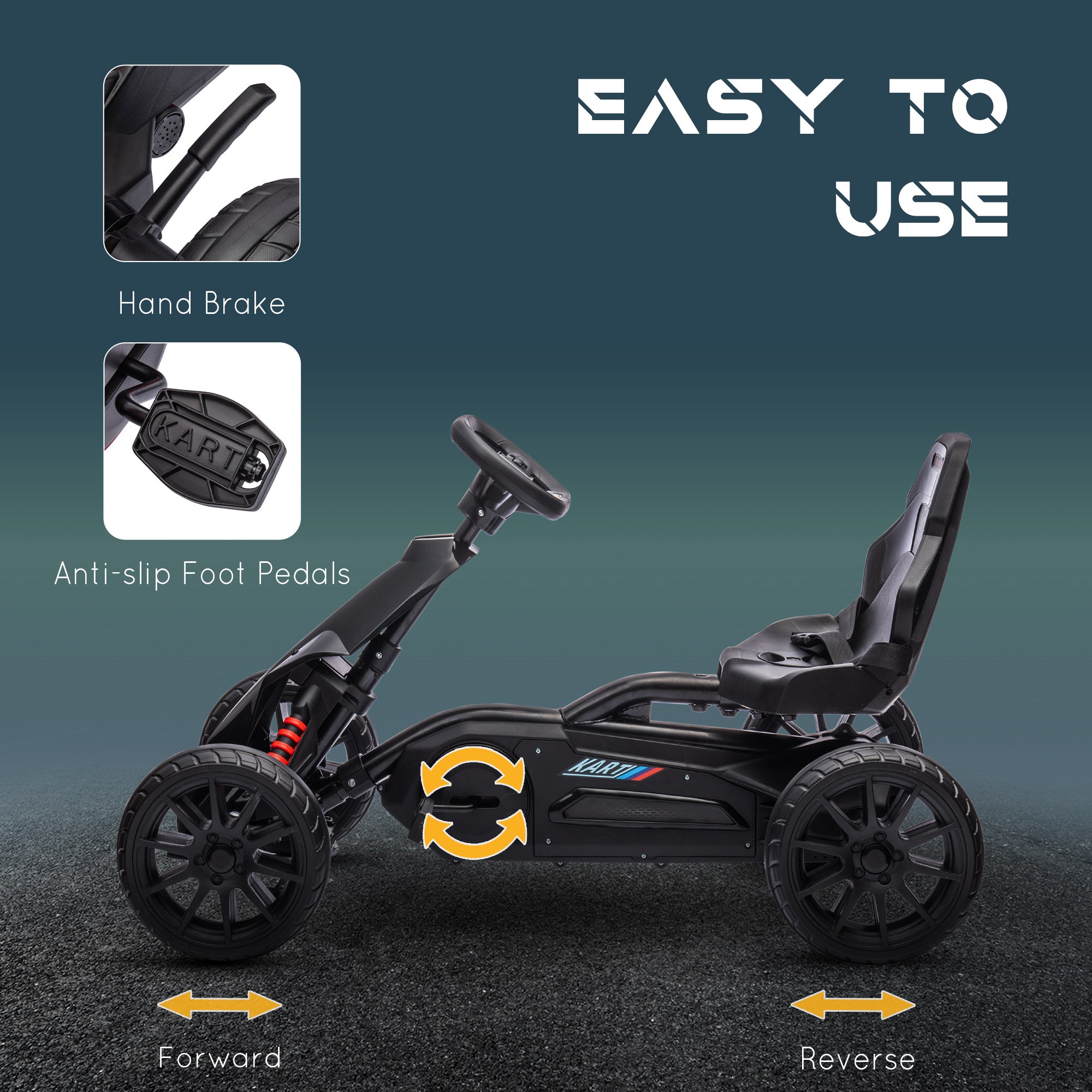 Pedal Go Kart with Adjustable Seat, Forward, Backward, Handbrake, Shock Absorption for 3-8 Years, Black Pedal Go Karts for Kids at Gallery Canada