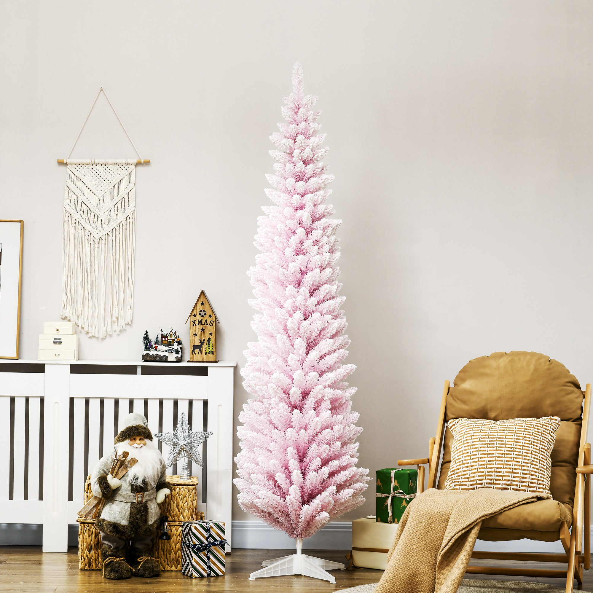 7ft Flocked Christmas Tree, Pencil Artificial Christmas Tree with Realistic Branches, Pink Flocked Christmas Trees   at Gallery Canada