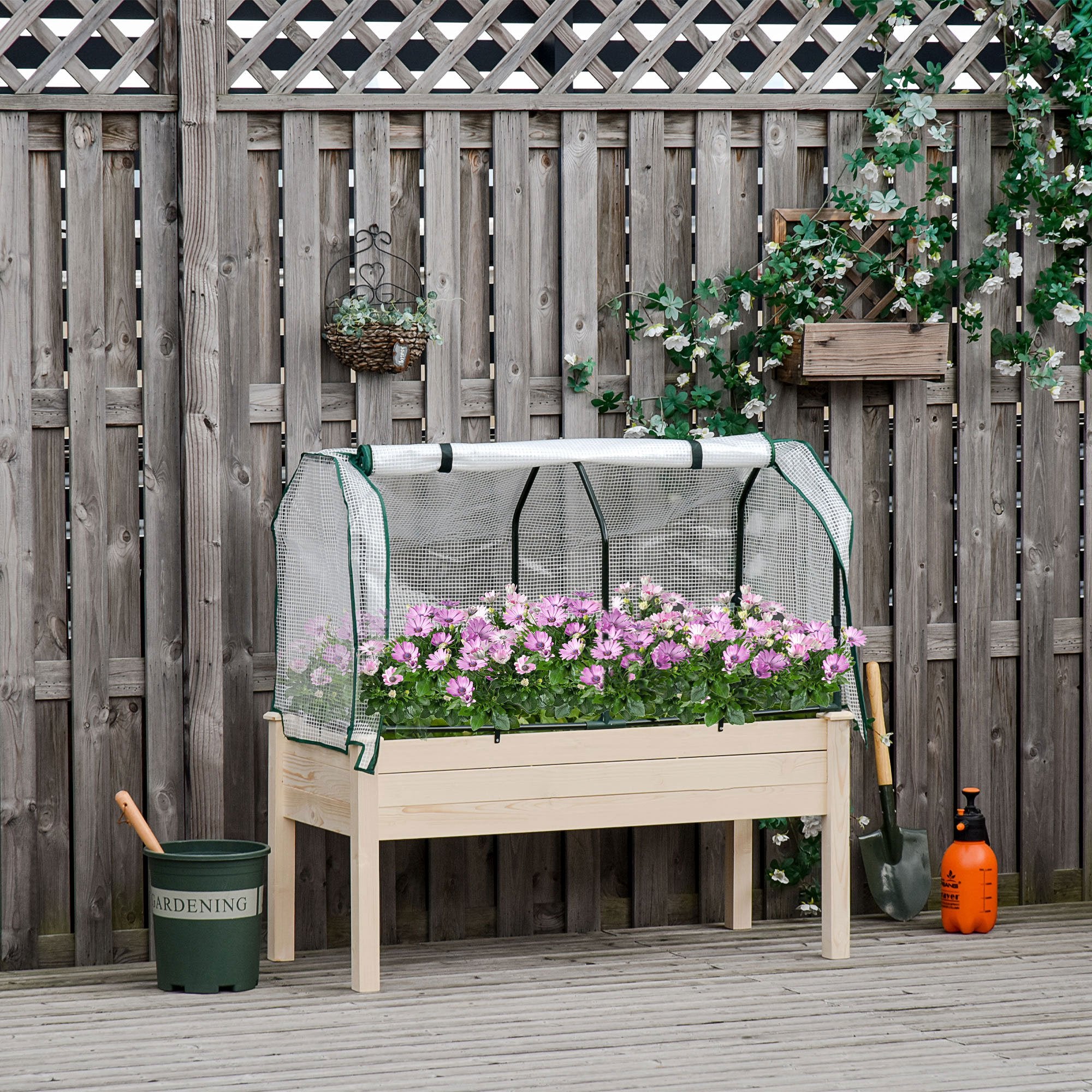 Raised Garden Bed with PE Greenhouse Cover Outdoor Elevated Wood Planter Box for Herbs and Vegetables, Use for Patio, Backyard, Balcony, 48 x 22 x 46 inch, Natural Elevated Garden Beds at Gallery Canada