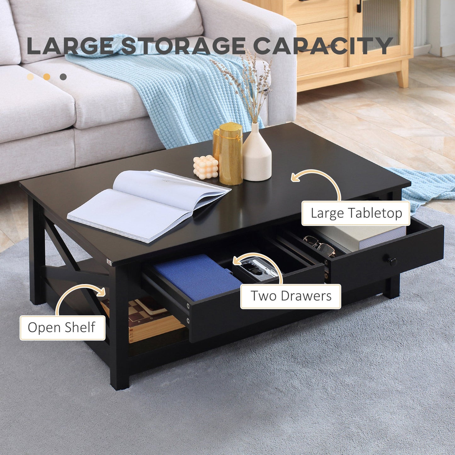 Coffee Table with Storage, Farmhouse Living Room Table with Drawers and Open Shelf, Centre Table with X-frames, Black Coffee Tables   at Gallery Canada