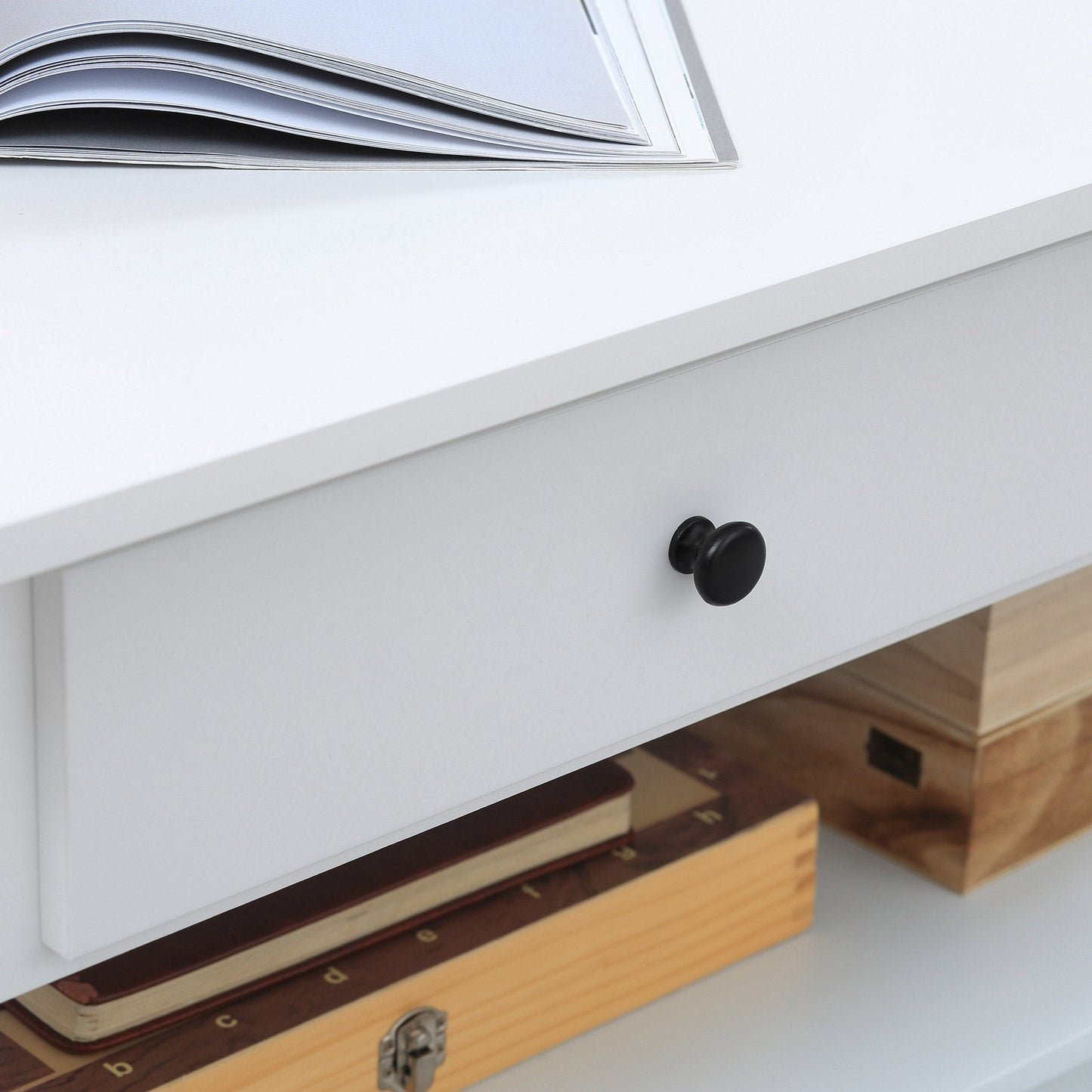 Coffee Table with Storage, Farmhouse Living Room Table with Drawers and Open Shelf, Centre Table with X-frames, White Coffee Tables   at Gallery Canada