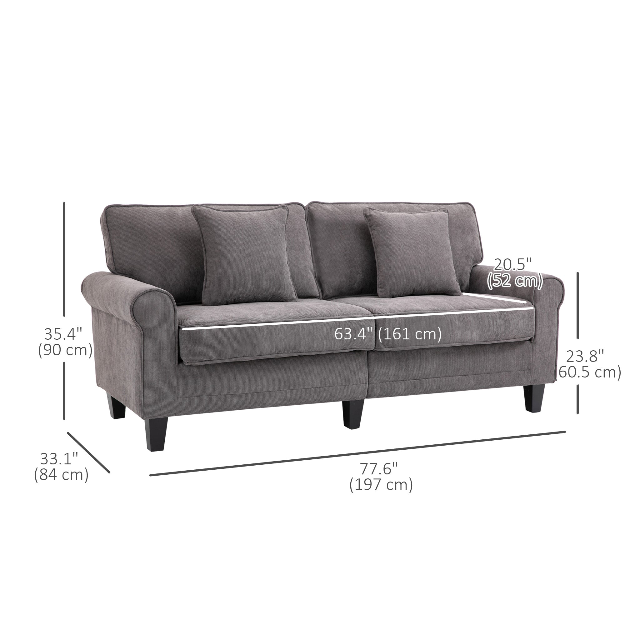 Modern 3 Seater Sofa, Corduroy Fabric 3 Seater Couch with Pine Wood Legs and Rolled Armrests for Living Room, Light Grey 3-Seater Sofas at Gallery Canada