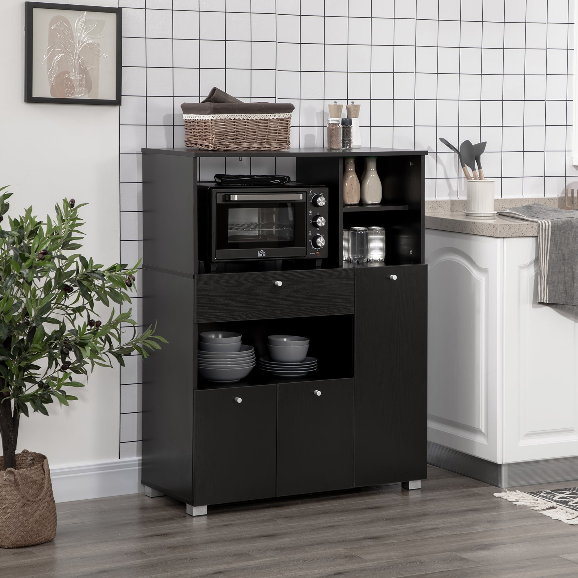 Compact Kitchen Pantry Buffet Server Hutch Storage Cabinet with Microwave Oven Stand Drawer and Shelves, Black Kitchen Pantry Cabinets   at Gallery Canada