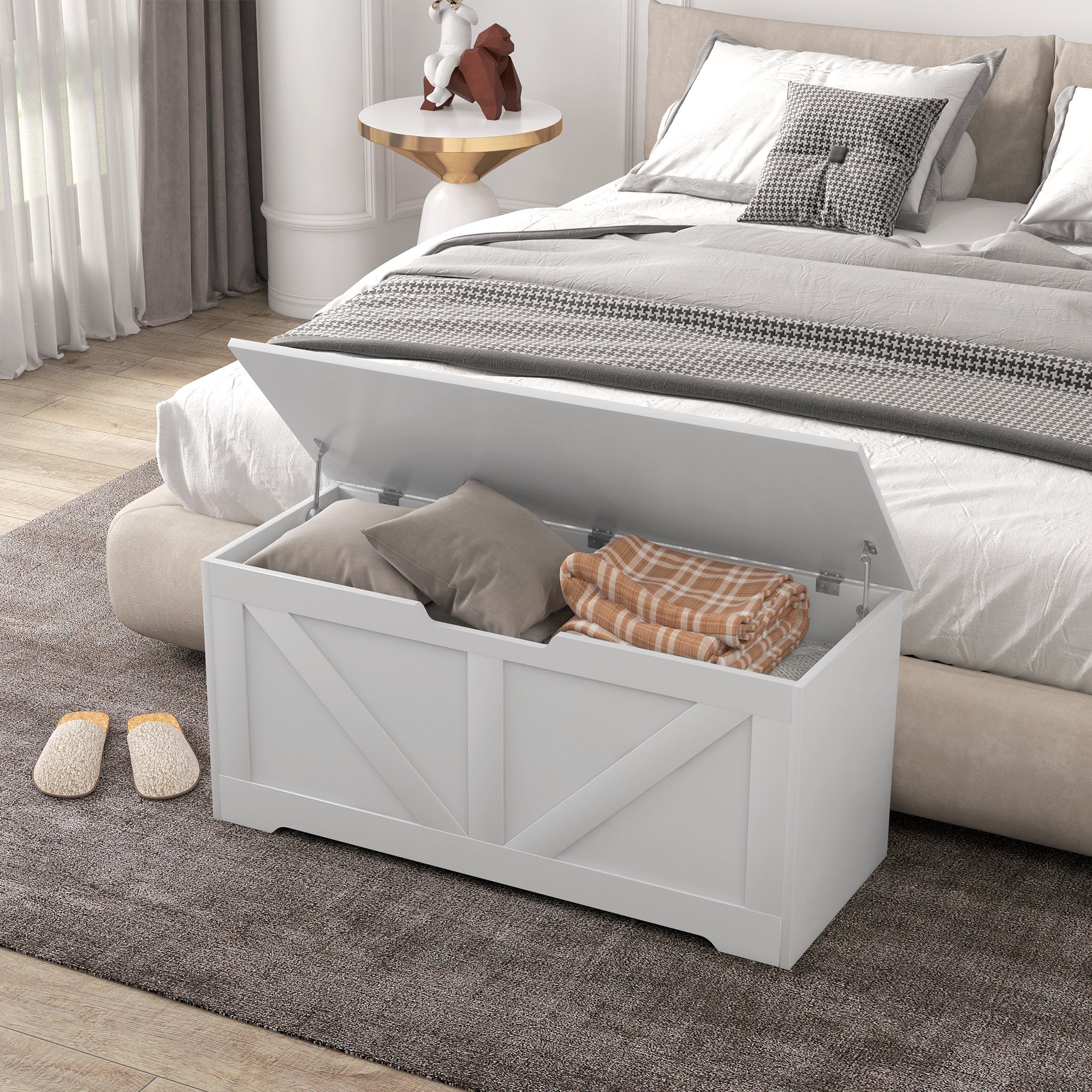 39.4 Inches Storage Chest, Storage Trunk with 2 Safety Hinges, Wooden Box for Living Room, White Wood Grain Storage Cabinets at Gallery Canada