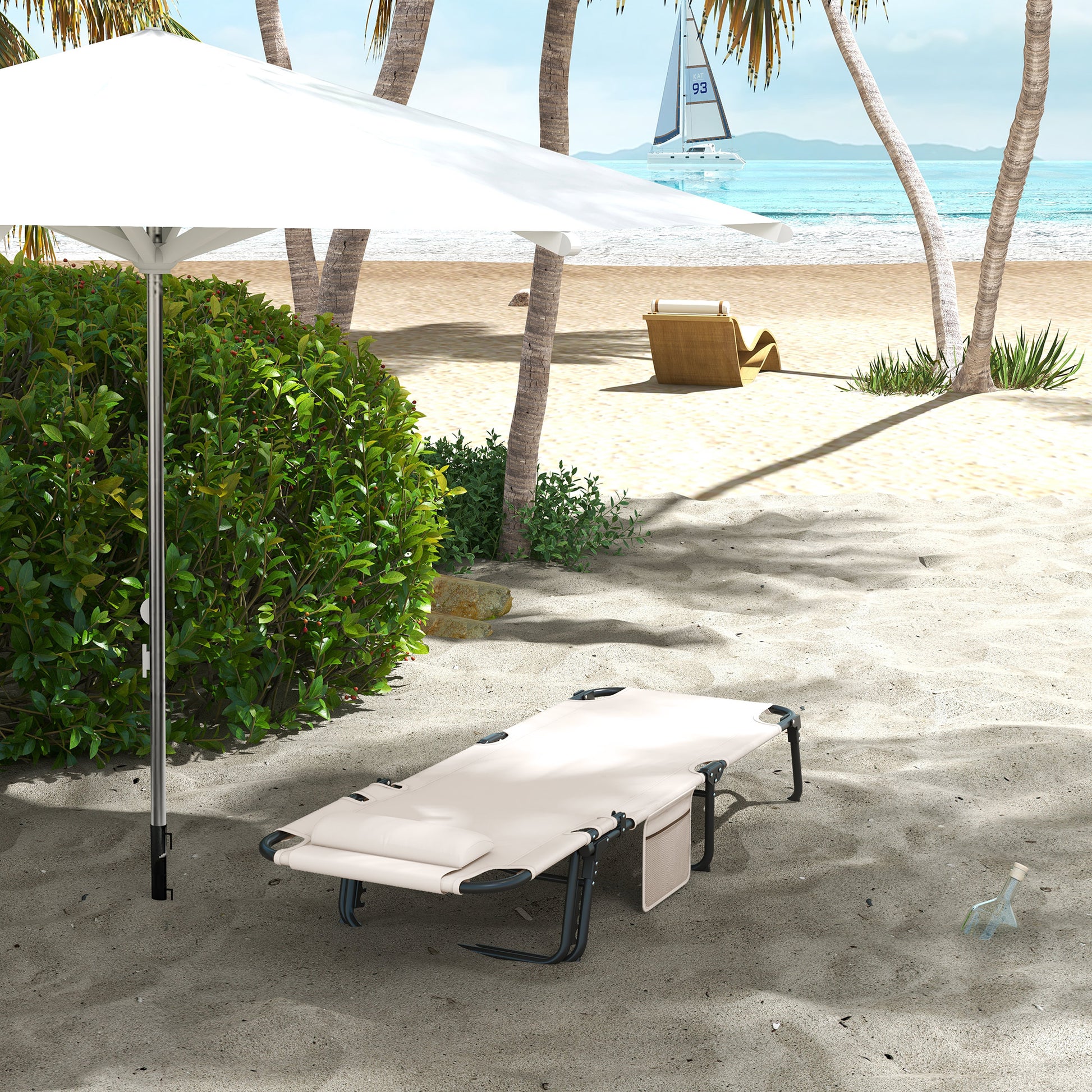 Folding Outdoor Lounge - Tanning Chair with 4-level Reclining Back, with Cushion, Breathable Mesh, Headrest, Beige Lounger Chairs   at Gallery Canada