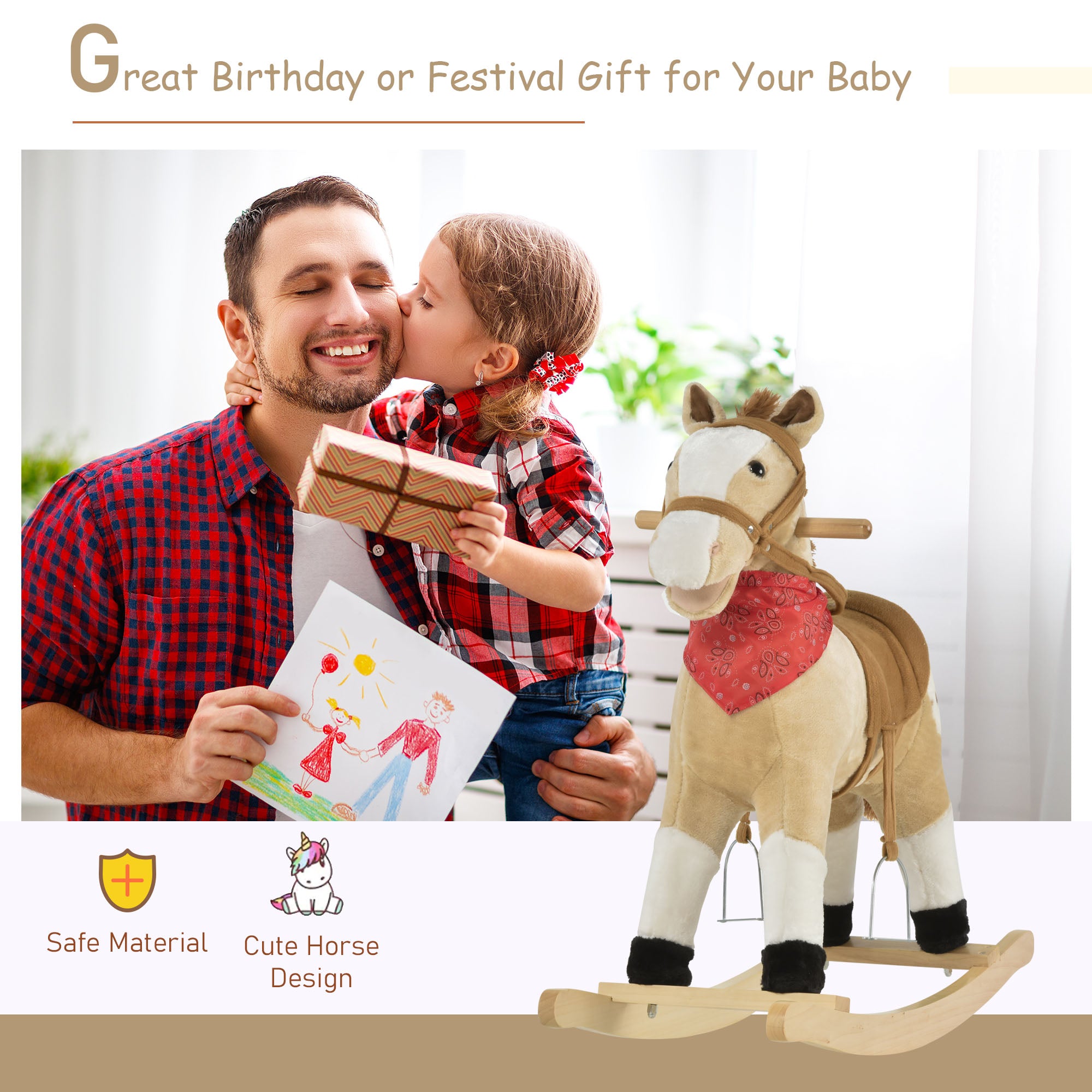 Kids Plush Ride-On Rocking Horse Toy Cowboy Rocker with Fun Realistic Sounds for Child 3-6 Years Old, Beige Rocking Horses at Gallery Canada