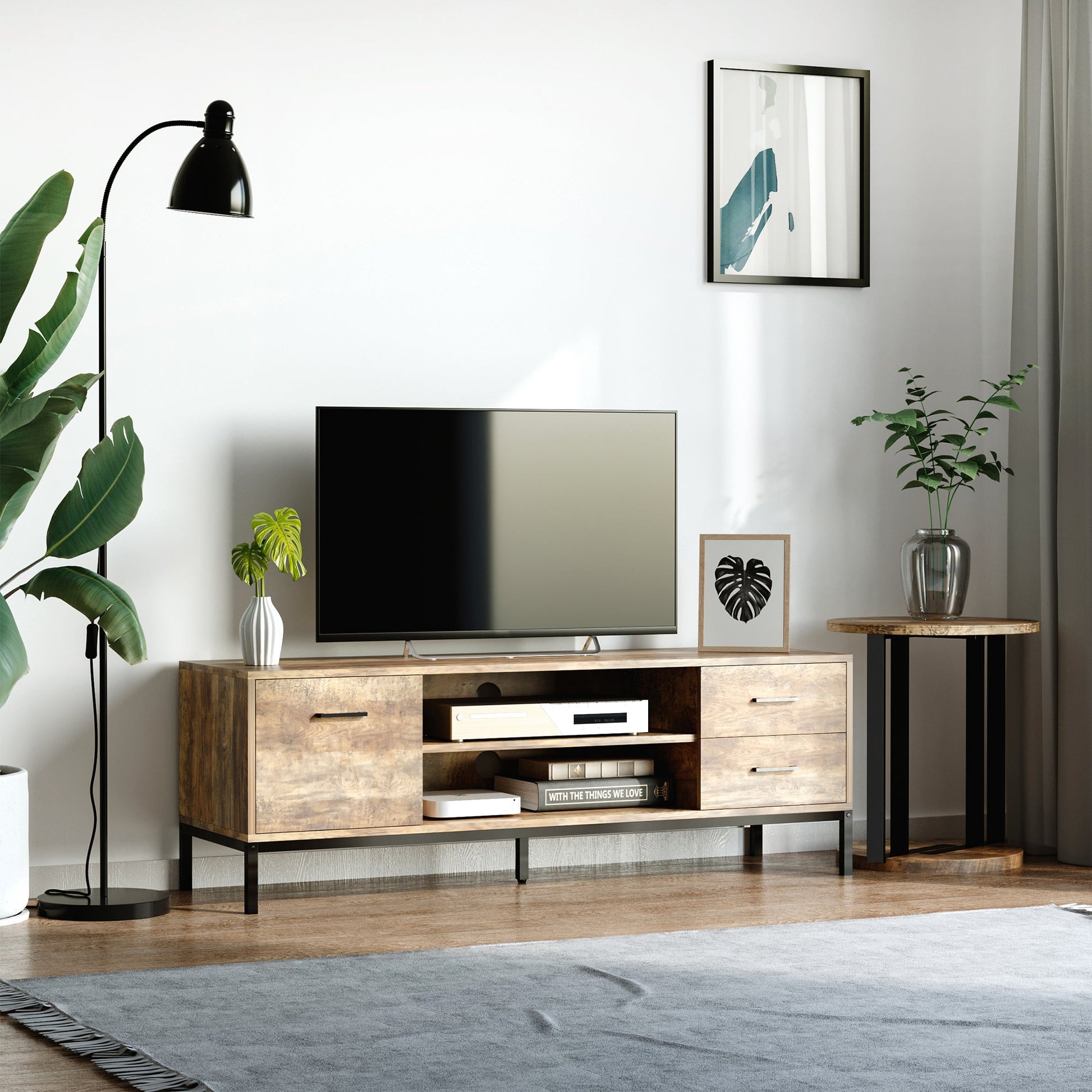 TV Stand for TV up to 50 Inches, TV Cabinet with Door, Open Storage and Drawers, TV Table with Steel Legs, Coffee TV Stands   at Gallery Canada