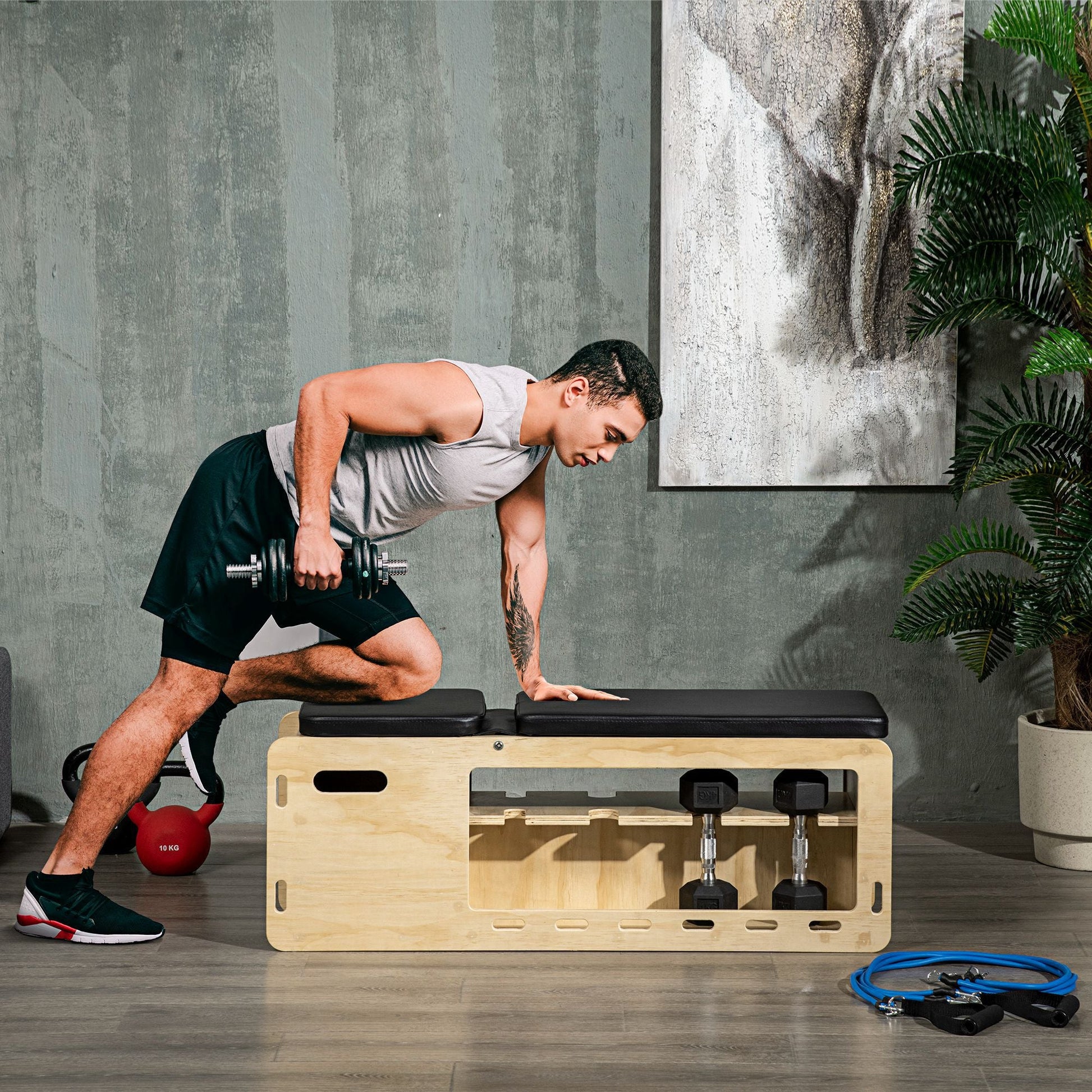 Wooden Workout Bench with Dumbbell Rack and Resistance Bands, Adjustable Incline Weight Bench for Home Gym Weight Benches   at Gallery Canada