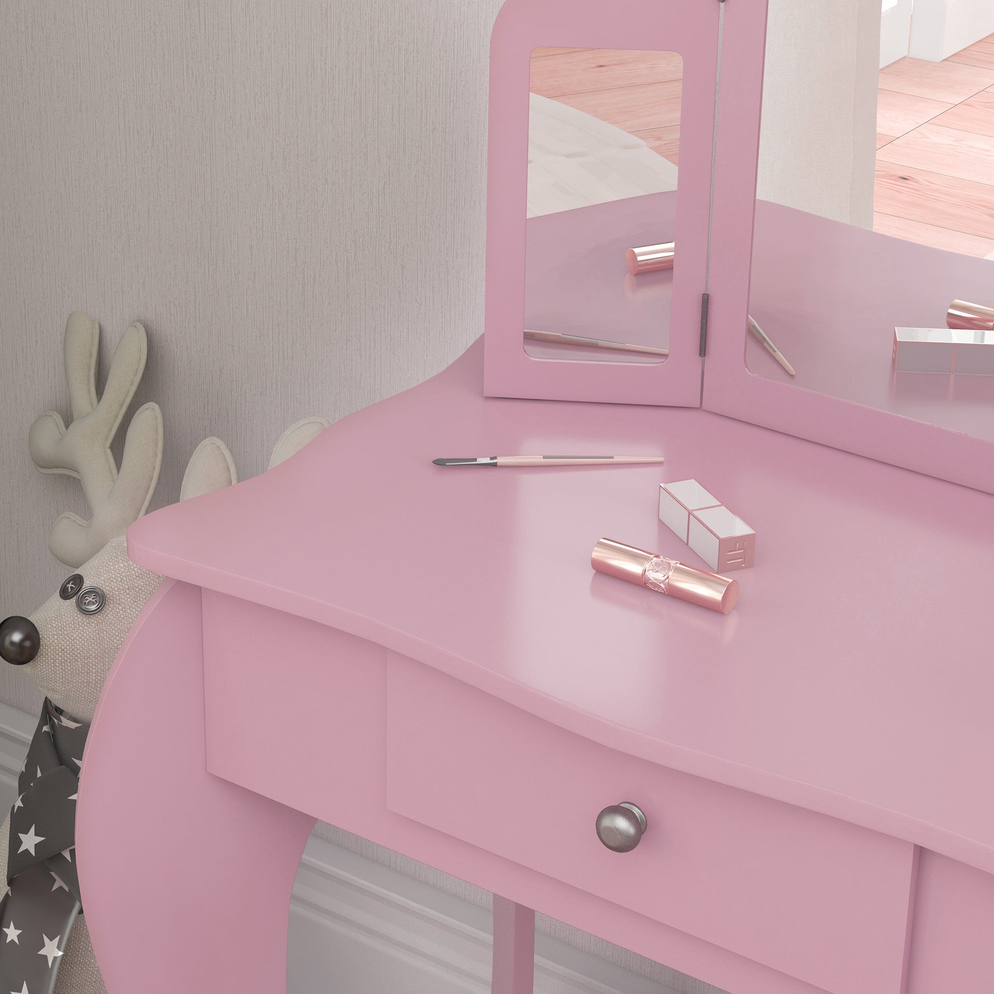 Kids Vanity Table and Stool, Makeup Vanity Girls Dressing Table Set with Tri-folding Mirrors Drawer Star and Heart Pattern, Pink Kids Bedroom Furniture at Gallery Canada