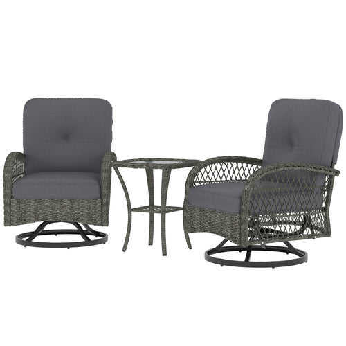 Wicker Balcony Furniture with 2 Swivel Rocking Chairs and 2-Tier Glass Coffee Table, 3 Piece Patio Set for Porch, Grey