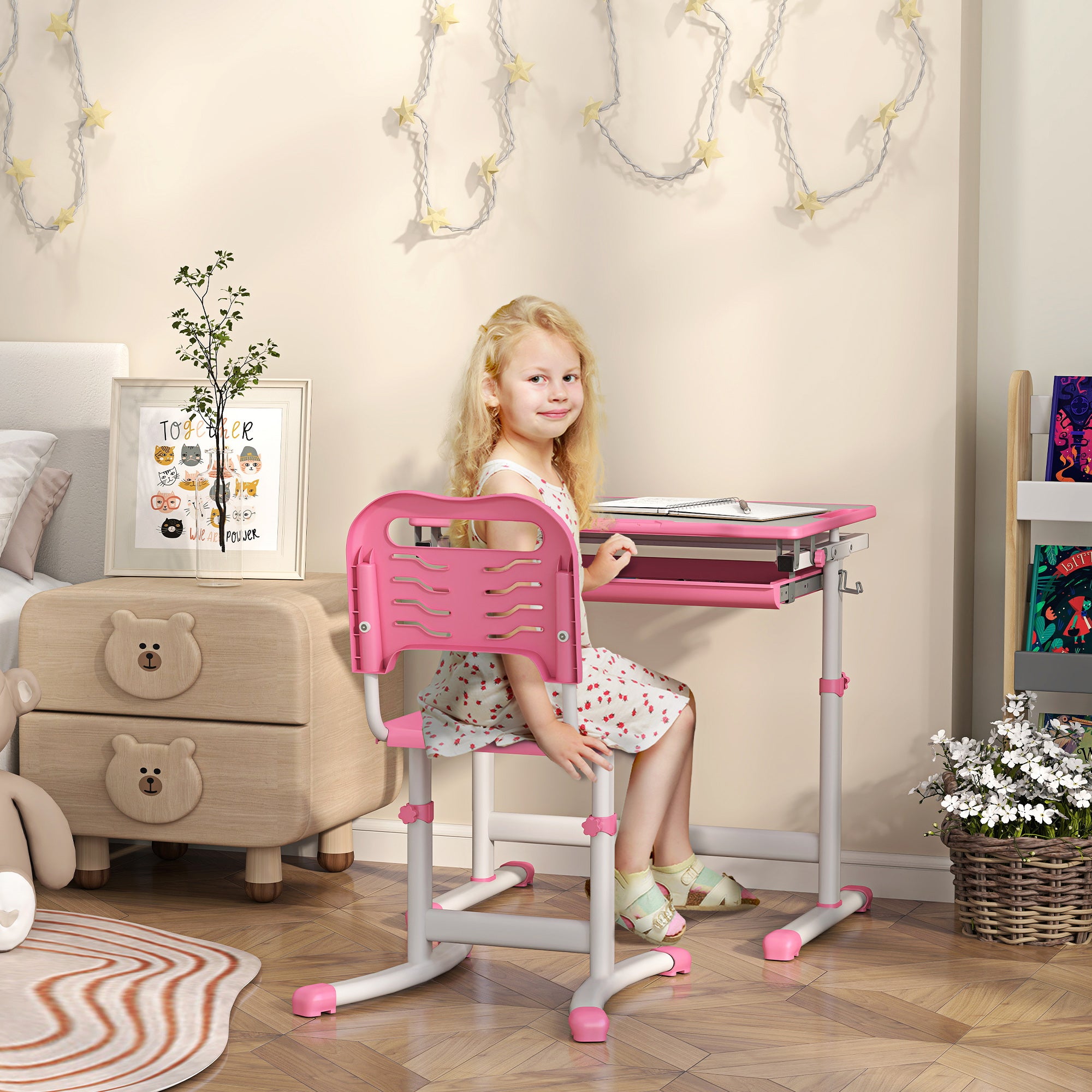 Height Adjustable Study Table and Chair Set with Drawer, Pen Slot, Tiltable Desktop, Hook, Pink Kids Desk Sets Pink  at Gallery Canada