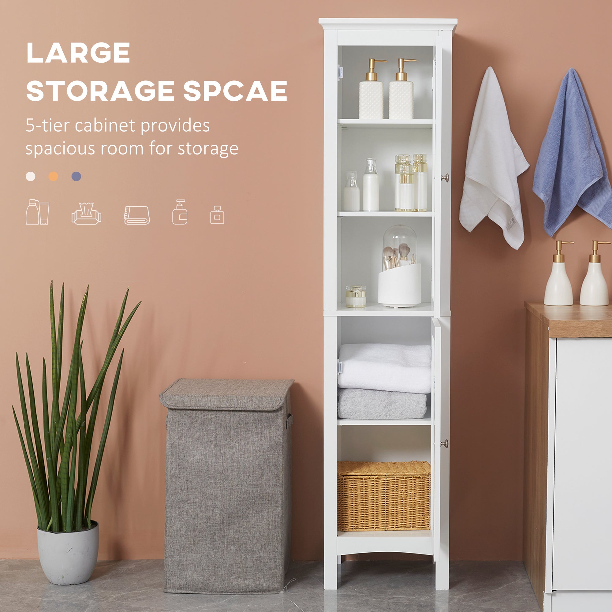 Tall Bathroom Cabinet, Freestanding Storage Organizer with Adjustable Shelves and Cupboards, 15