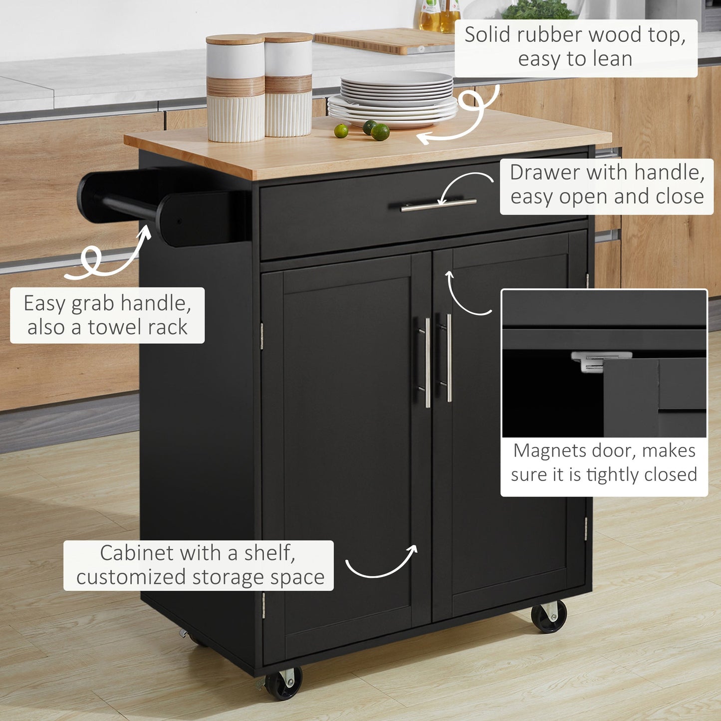 Wood Top Rolling Kitchen Island Cart with Storage Drawers and Towel Rack, Black Kitchen Islands & Kitchen Carts   at Gallery Canada