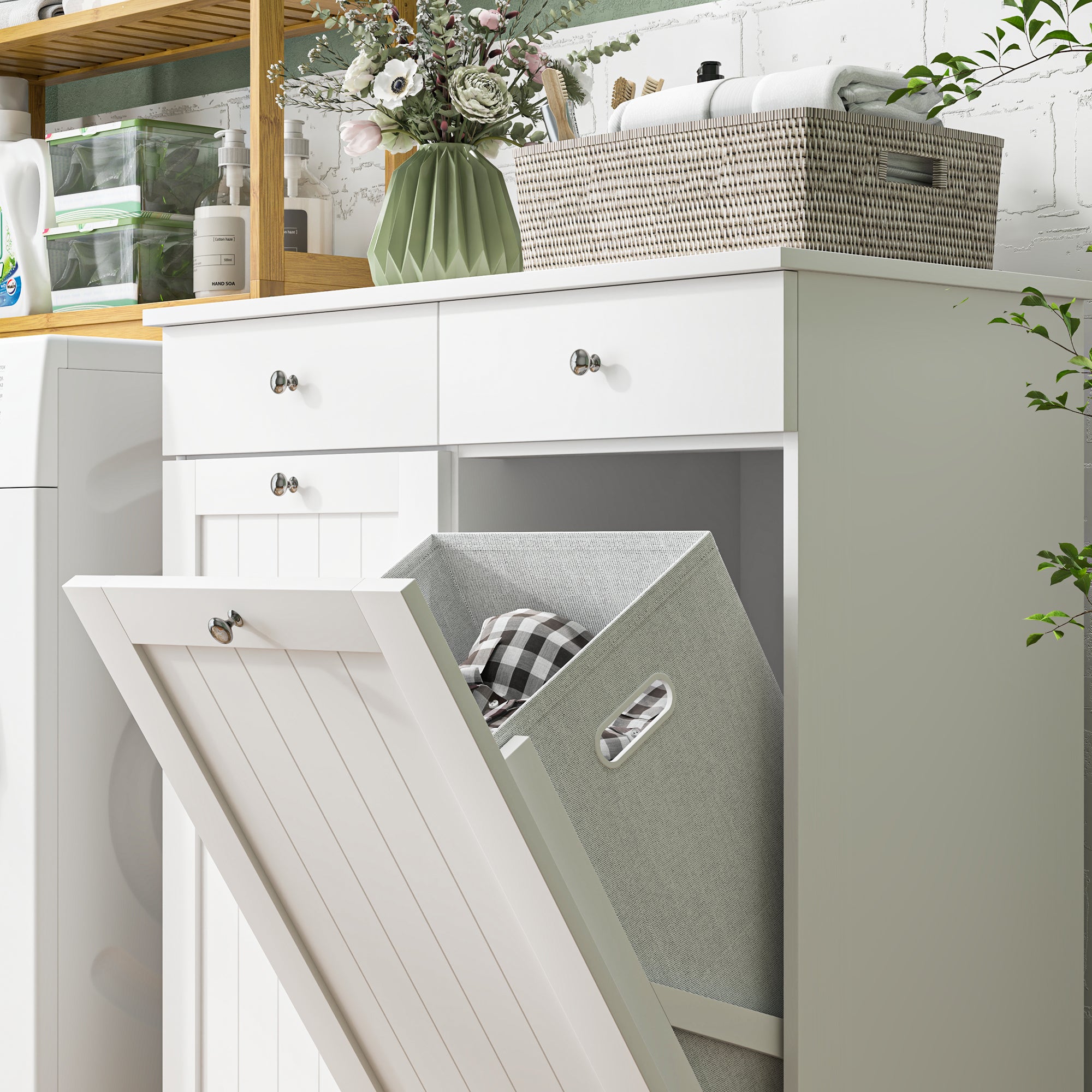 Laundry Cabinet, Tilt Out Laundry Hamper Cabinet with 2 Baskets, Bathroom Hamper Cabinet with 2 Drawers, White Bathroom Cabinets at Gallery Canada