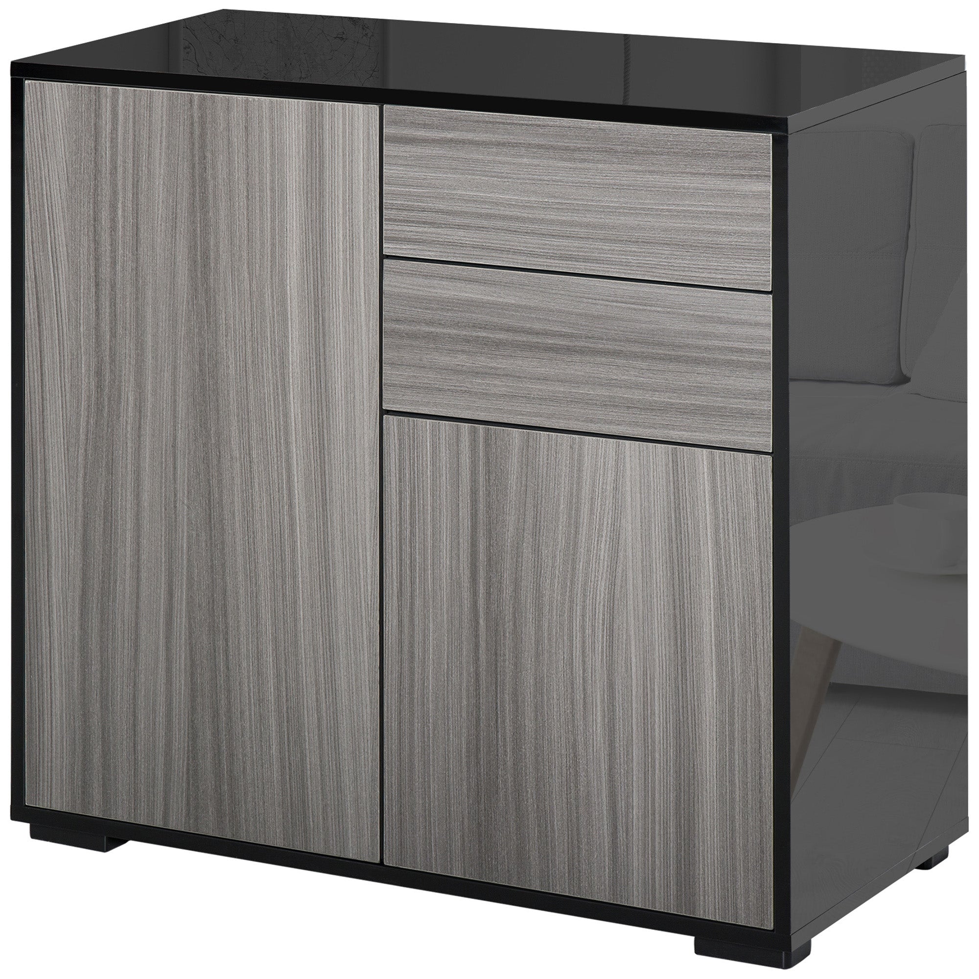 High Gloss Buffet Sideboard with 2 Drawers, 2 Doors and Adjustable Shelf, Kitchen Storage Cabinet with Push Open Design, Grey and Black Bar Cabinets Gray, Black at Gallery Canada
