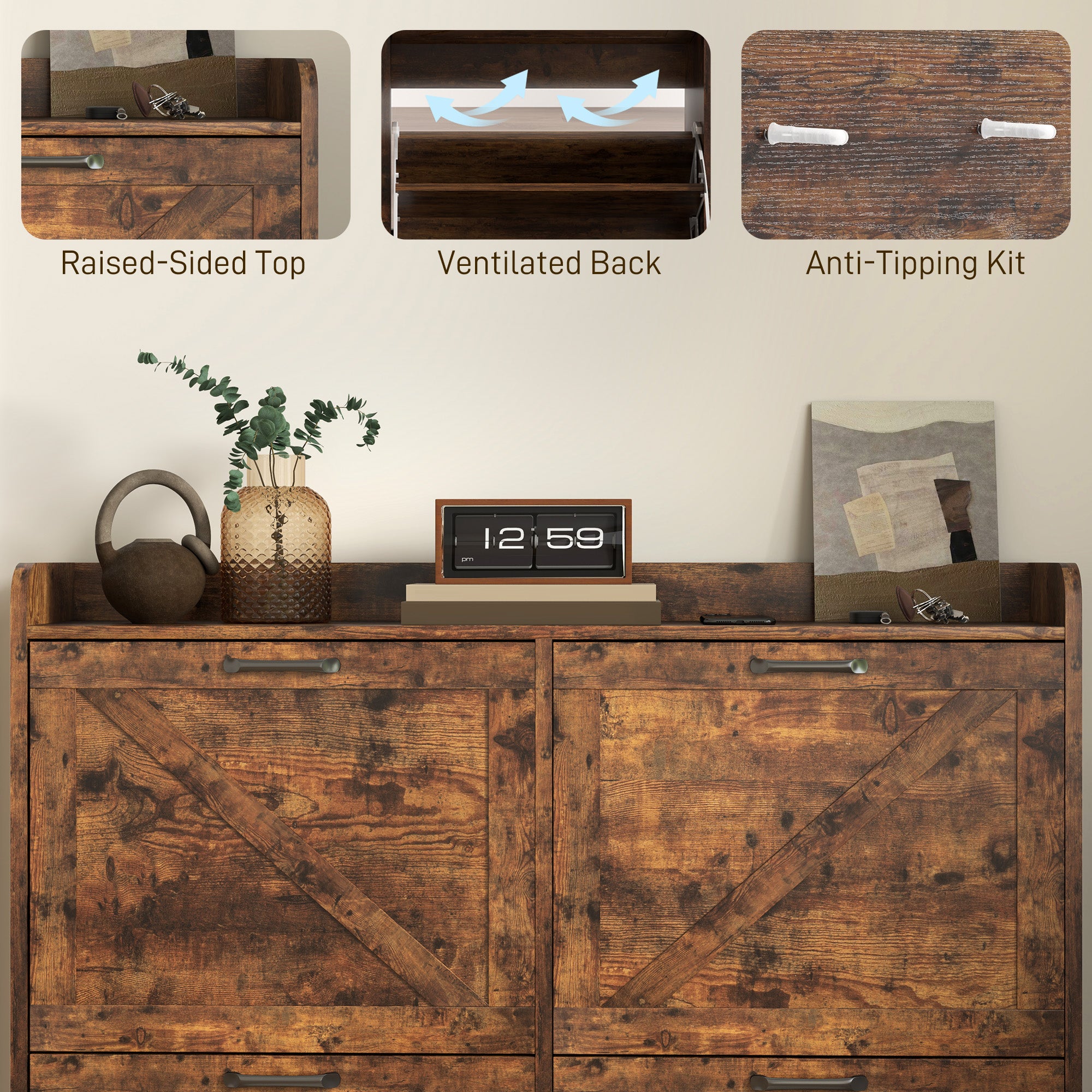 Narrow Shoe Storage Cabinet with 4 Flip Drawers, Adjustable Shelves, 16 Pair Farmhouse Shoe Cabinet, Rustic Brown Shoe Storage Cabinets & Racks at Gallery Canada
