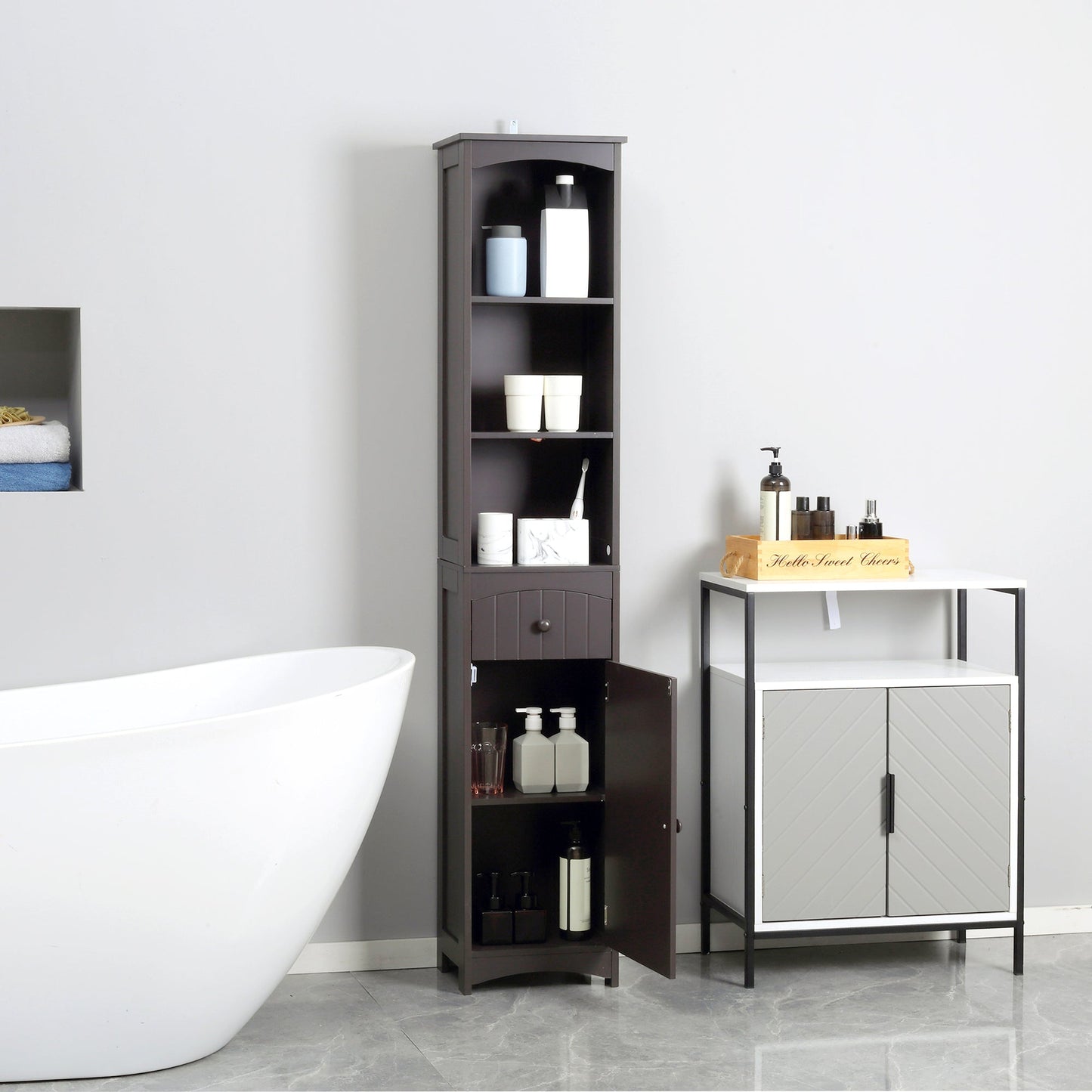 Tall Bathroom Cabinet Storage Organizer, Linen Tower with Shelves and Drawer Bathroom Cabinets   at Gallery Canada