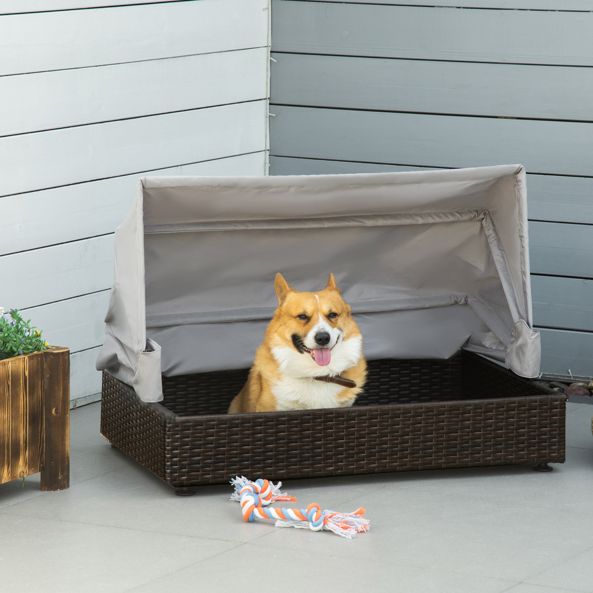 Wicker Dog House, Elevated Pet Sofa, Rattan Cat Bed, Indoor Outdoor Use, for Garden Patio with Foldable Roof, for Small or Medium-Sized Dogs, Coffee Houses, Kennels & Pens at Gallery Canada