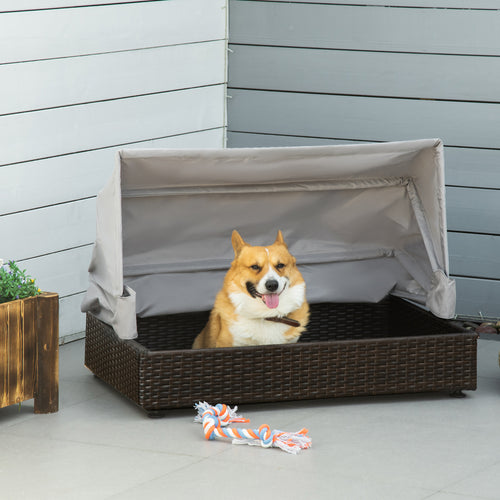 Wicker Dog House, Elevated Pet Sofa, Rattan Cat Bed, Indoor Outdoor Use, for Garden Patio with Foldable Roof, for Small or Medium-Sized Dogs, Coffee
