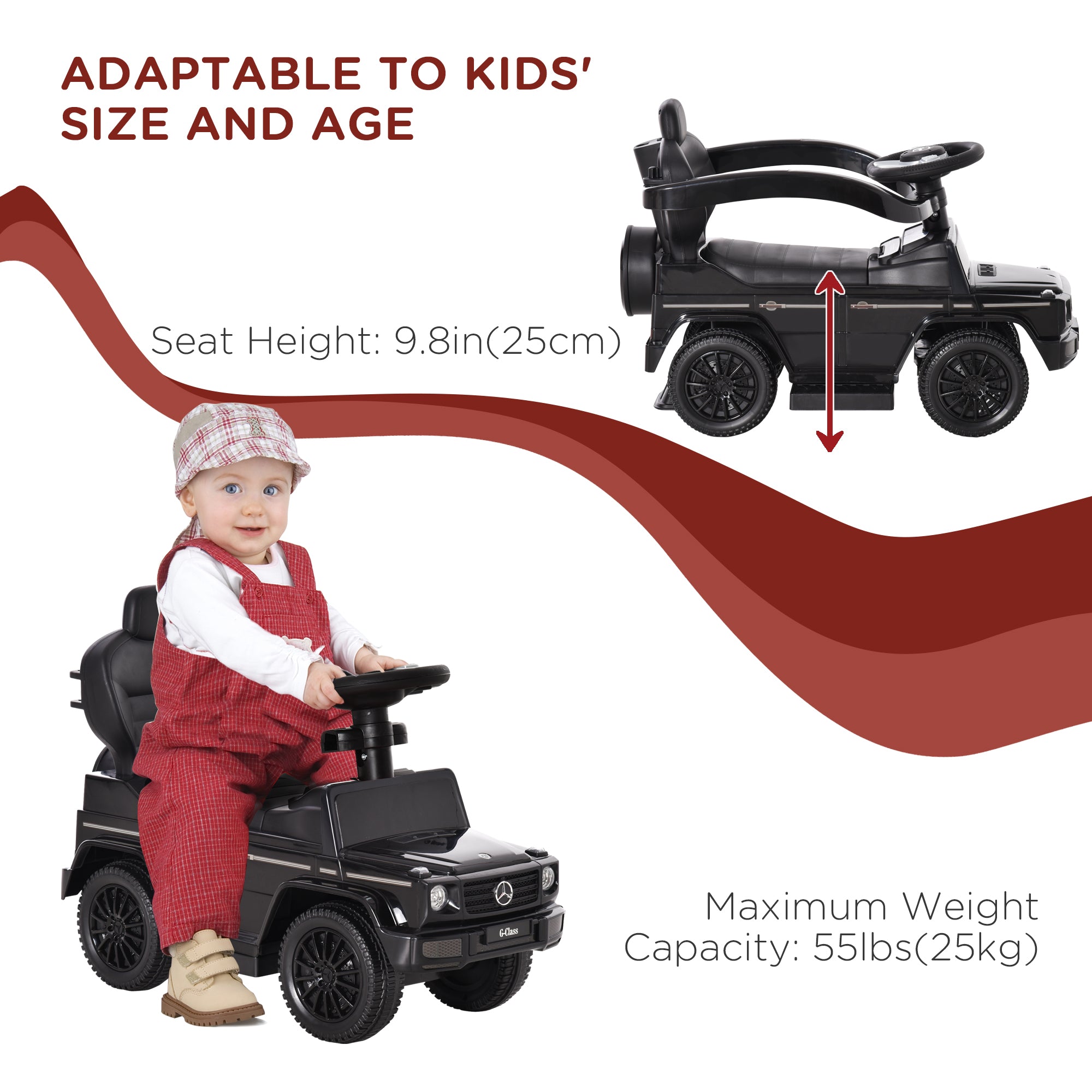 Mercedes-Benz G350 Licensed Push Car, 3-in-1 Toddler Sliding Car with Horn, Steering, Foot Rest, Seat Storage, Black Push Cars for Toddlers at Gallery Canada