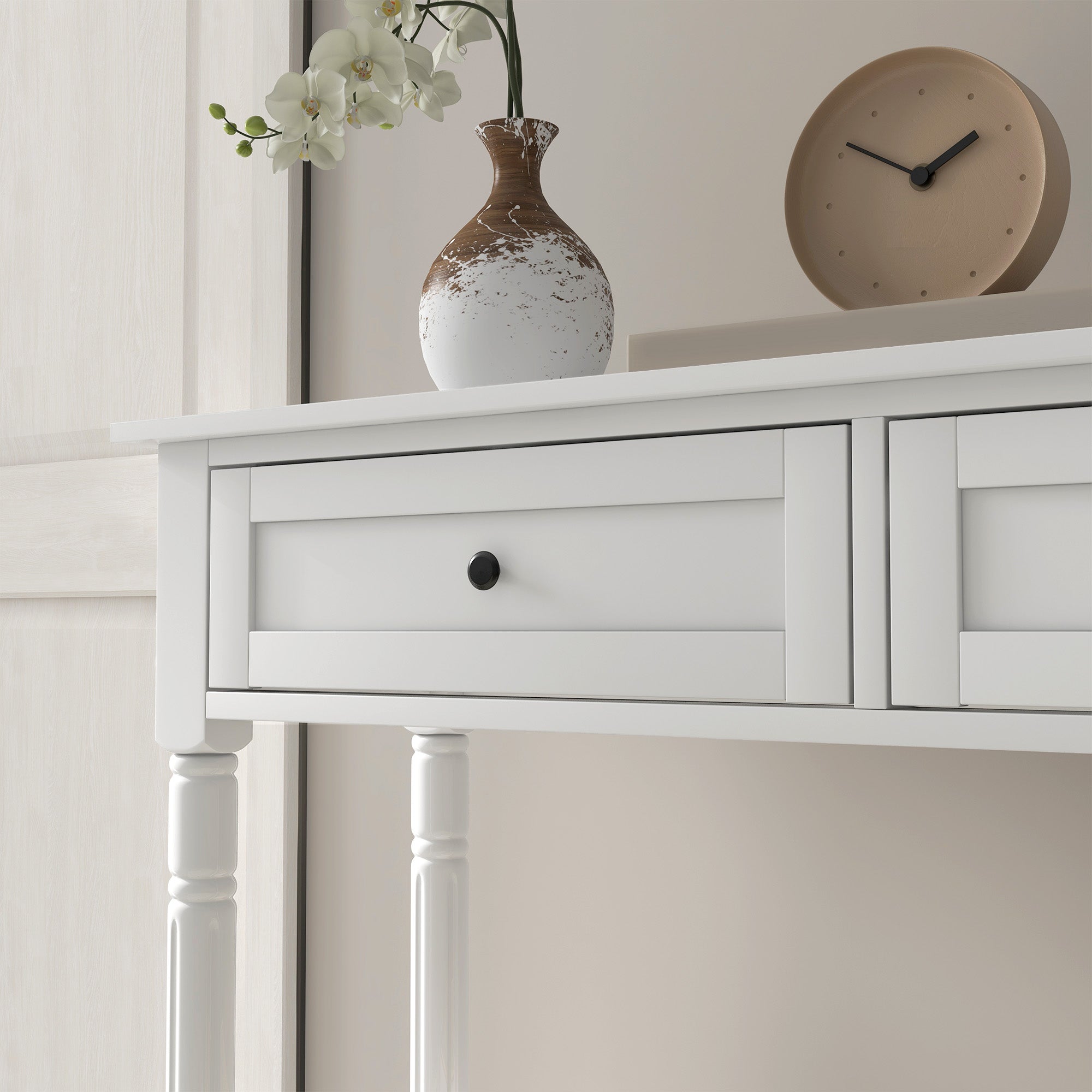 Hallway Console Table, Modern Entryway Table with 2 Drawers, Storage Shelf, Turned Legs for Living Room, Bedroom, White Console Tables at Gallery Canada