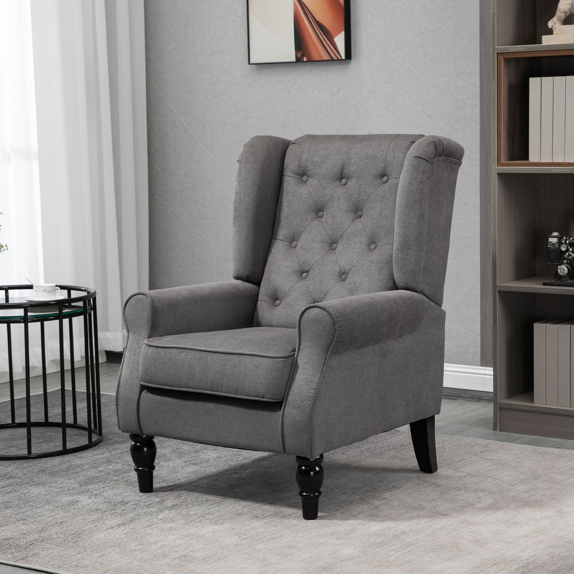 Fabric Accent Chair, Button Tufted Armchair, Armchair with Wood Legs, Thick Padding for Bedroom, Charcoal Grey Accent Chairs at Gallery Canada