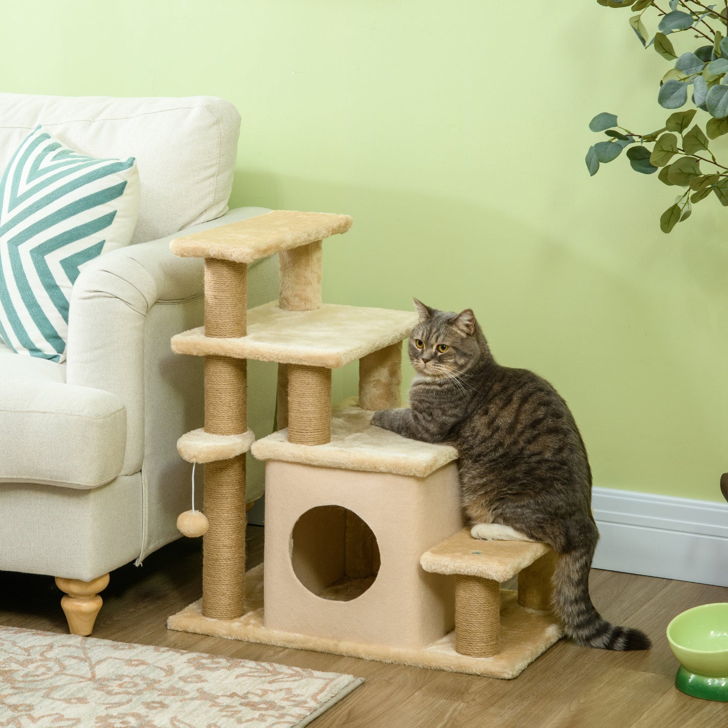 Cat Stairs Pet Steps for Couch Bed with Scratching Posts Condo Ball Toy, 23.6" x 15.7" x 26", Beige Dog Stairs Beige  at Gallery Canada