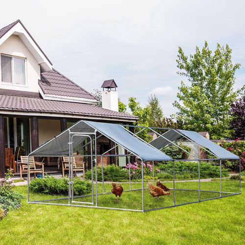 Chicken Run Walk-In Metal Chicken Coop, 3 Rooms Galvanized Poultry Cage Outdoor with Waterproof UV-Protection Cover for Rabbits, Ducks, 9.8' x 26.2'