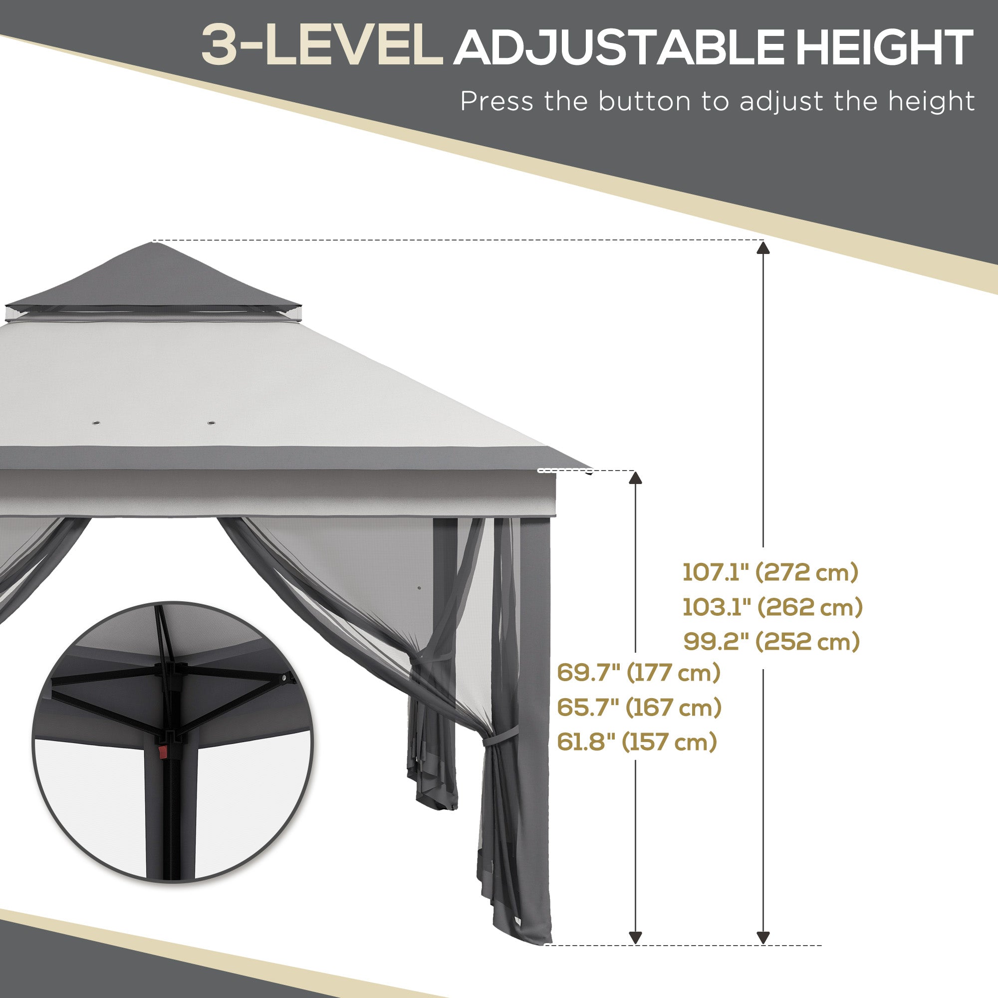 10.7 x 10.7ft Pop Up Gazebo, Adjustable Instant Sun Shelter with UV30+ Roof Cover, Removable Mesh Curtains, Light Grey Pop Up Canopies at Gallery Canada