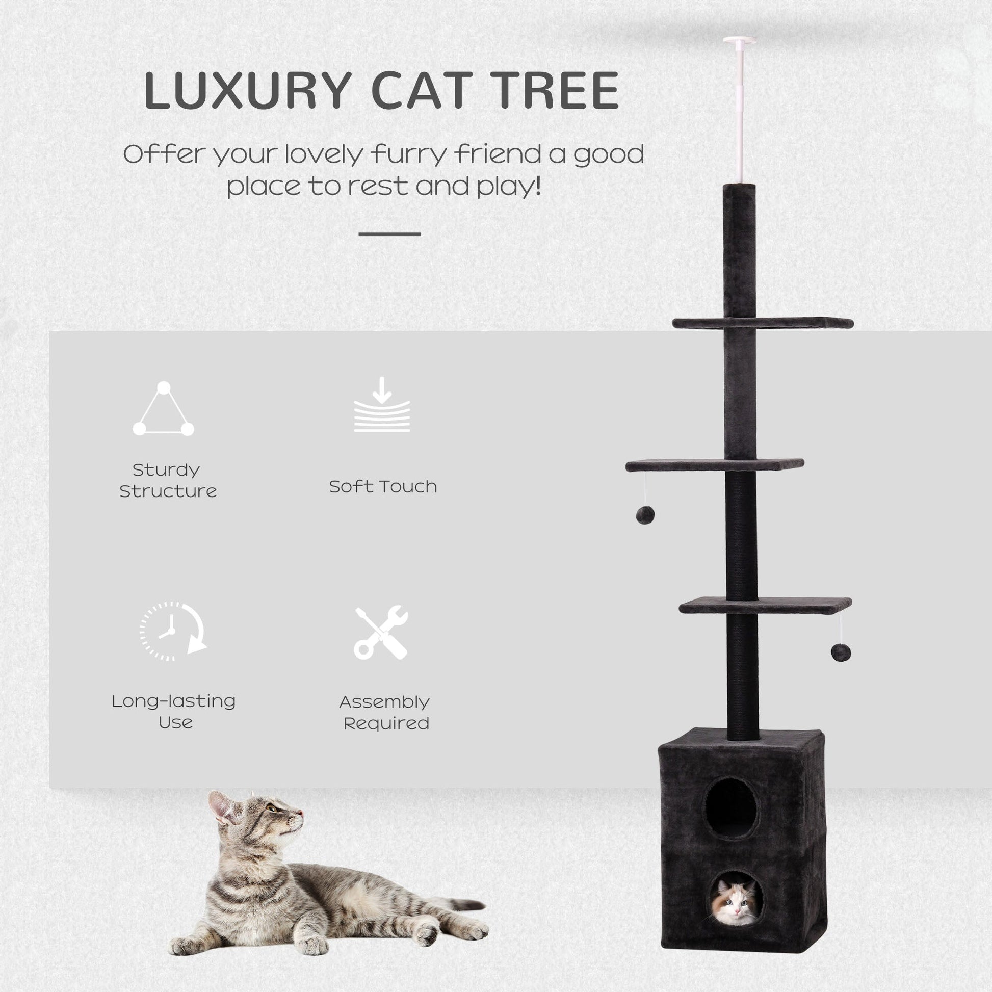 86.5"-96.5" Cat Tree Floor to Ceiling Condo w/ Jute Scratching Post Dangling Ball Adjustable, Grey Floor to Ceiling Cat Trees   at Gallery Canada