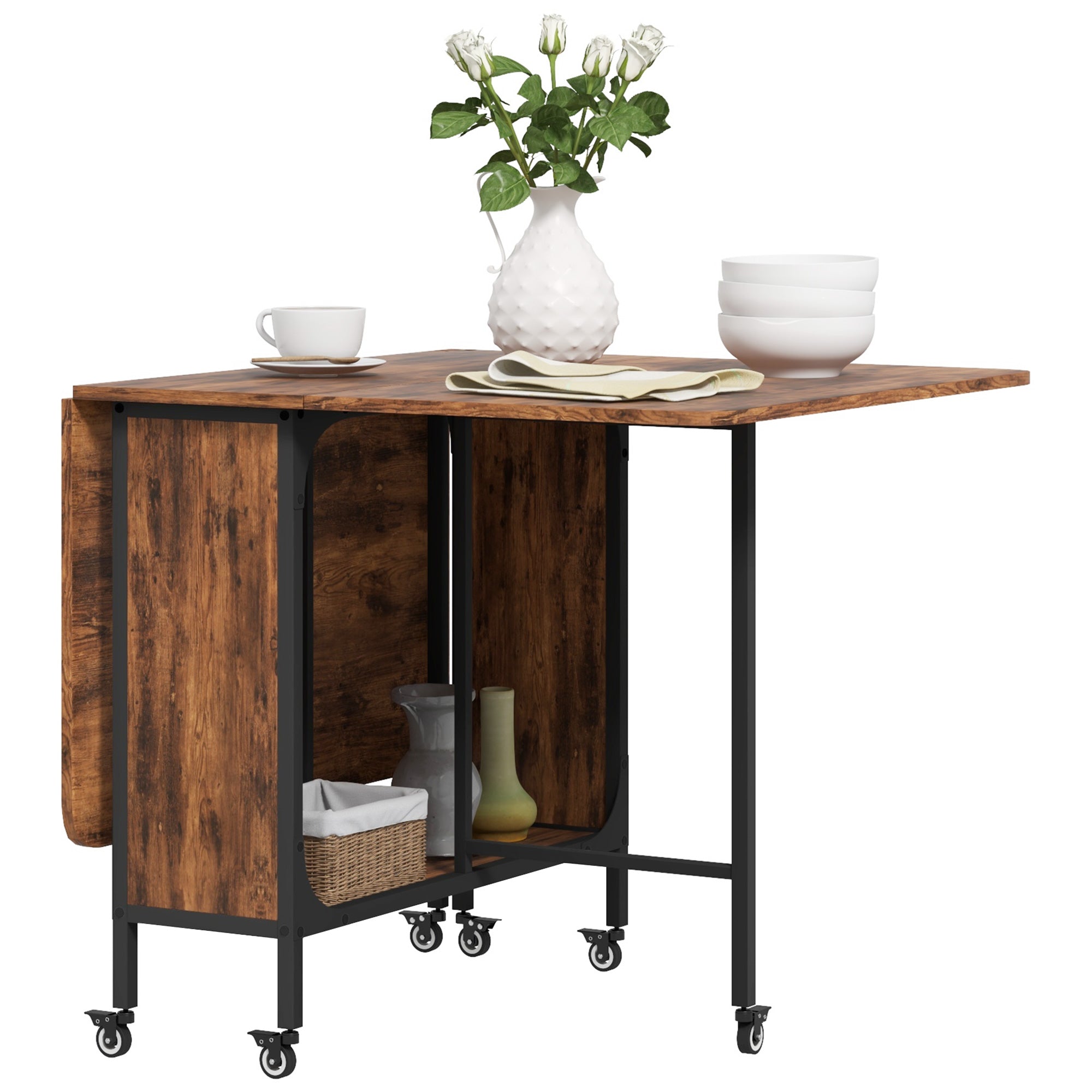 Folding Dining Table, Extendable Kitchen Table for Small Spaces with Storage Shelf and 6 Wheels, Rustic Brown Dining Tables at Gallery Canada