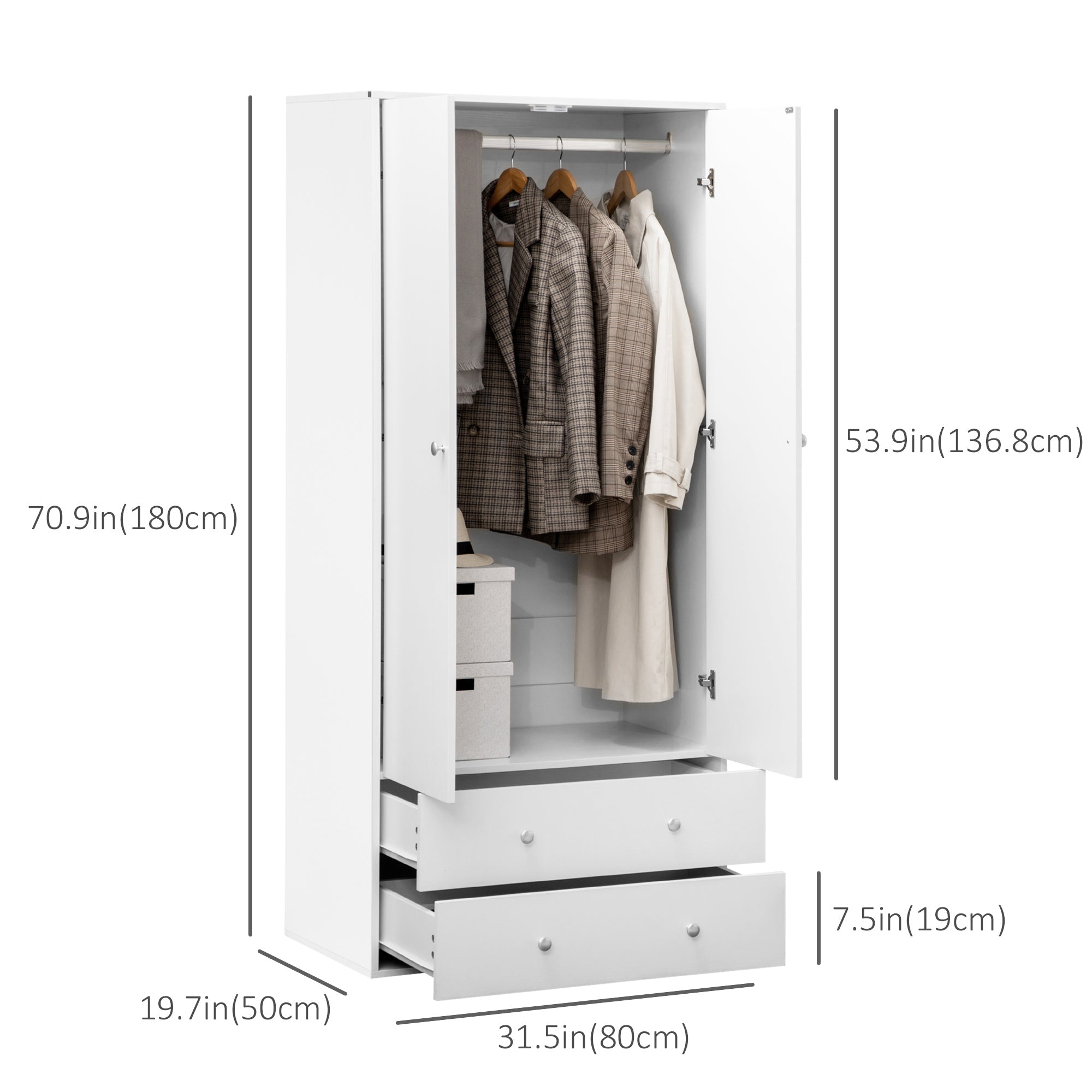 Wardrobe Closet, Armoire with Drawers and Hanging Rail for Bedroom Clothes Storage and Organization, White Clothing Storage   at Gallery Canada